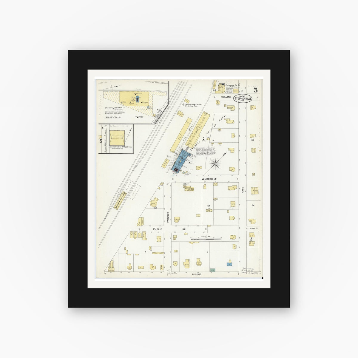 Old map wall art mockup — black gallery frame with white mat — Sanborn Fire Insurance Map from Stephenville, Erath County, Texas (1907), Sheet #0005