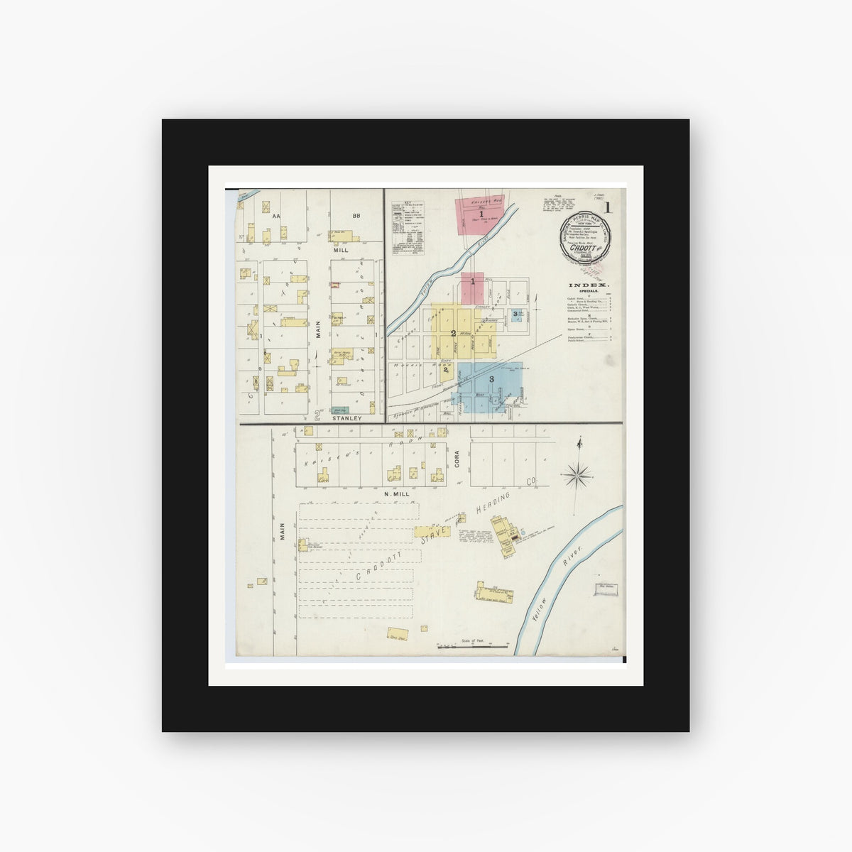 Old map wall art mockup — black gallery frame with white mat — Sanborn Fire Insurance Map from Cadott, Chippewa County, Wisconsin (1894) - Complete Map Set