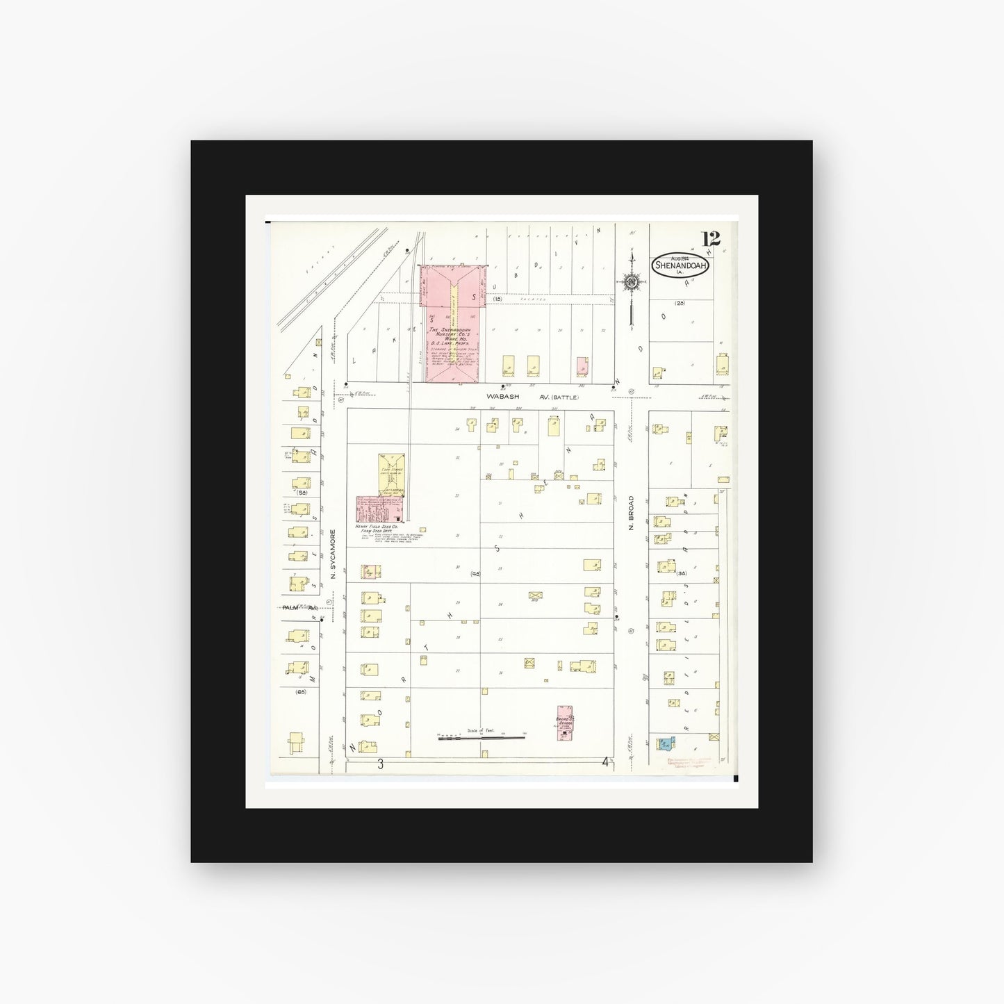 Old map wall art mockup β black gallery frame with white mat β Sanborn Fire Insurance Map from Shenandoah, Page County, Iowa (1914), Sheet #0012
