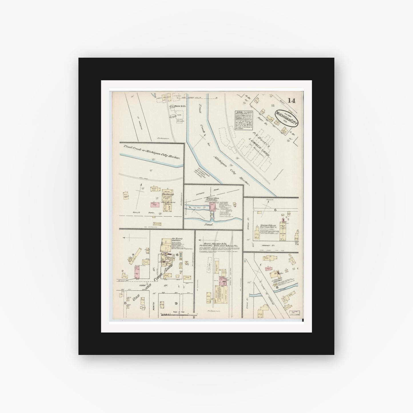 Old map wall art mockup — black gallery frame with white mat — Sanborn Fire Insurance Map from Michigan City, La Porte County, Indiana (1884), Sheet #0014