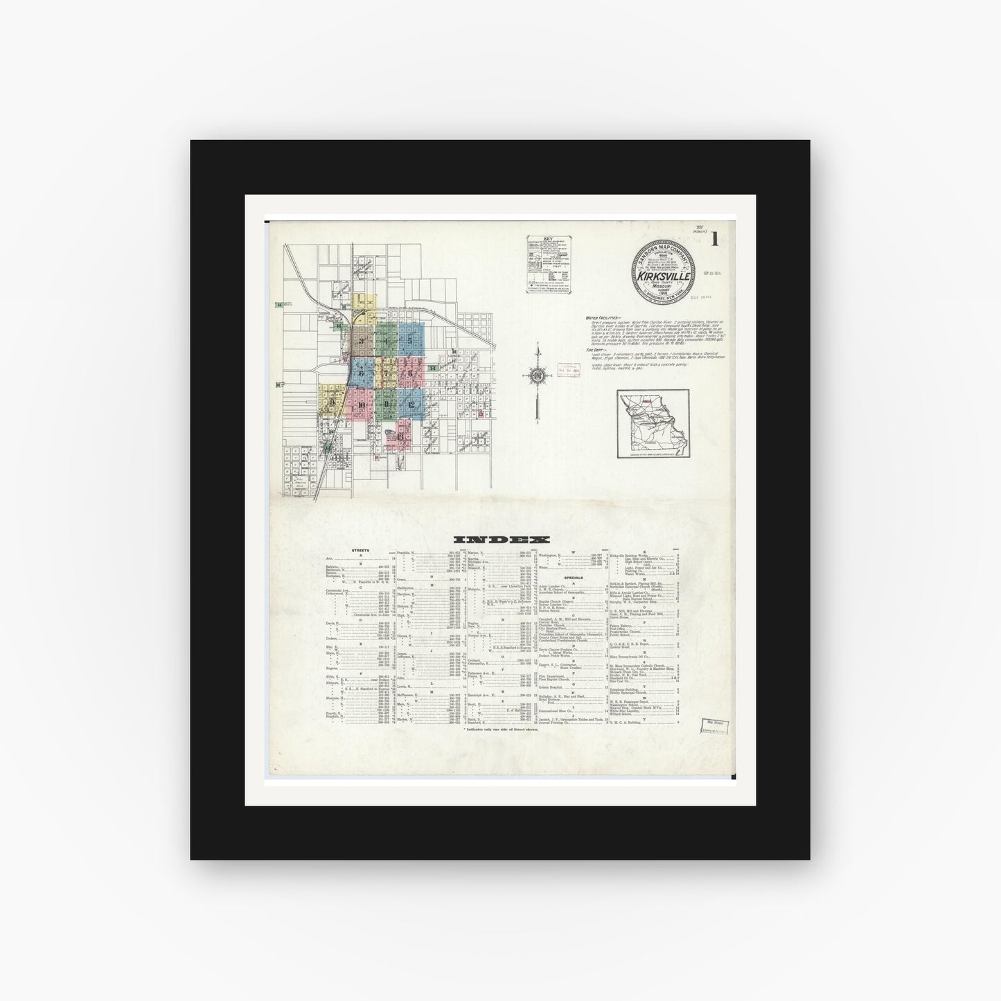 Old map wall art mockup — black gallery frame with white mat — Sanborn Fire Insurance Map from Kirksville, Adair County, Missouri (1914) - Complete Map Set