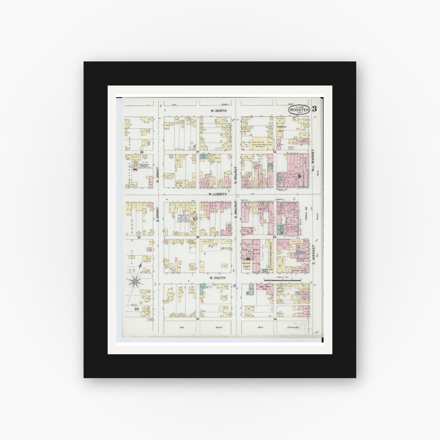 Old map wall art mockup — black gallery frame with white mat — Sanborn Fire Insurance Map from Wooster, Wayne County, Ohio (1888), Sheet #0003