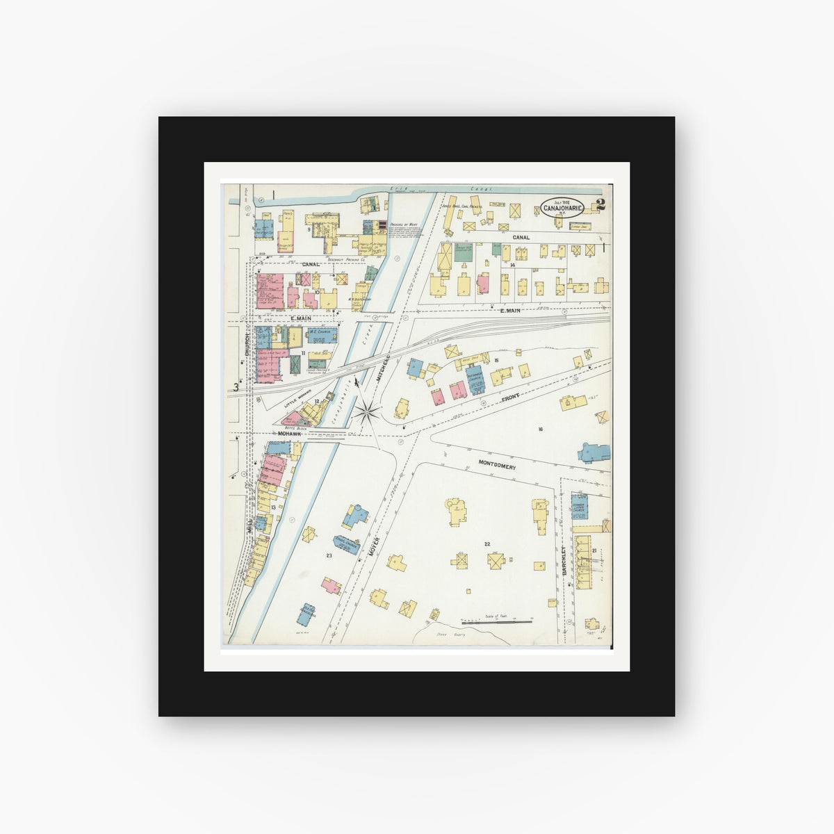 Old map wall art mockup — black gallery frame with white mat — Sanborn Fire Insurance Map from Canajoharie, Montgomery County, New York (1902), Sheet #0002