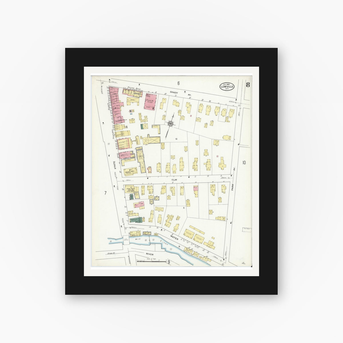 Old map wall art mockup — black gallery frame with white mat — Sanborn Fire Insurance Map from Lowville, Lewis County, New York (1909), Sheet #0008