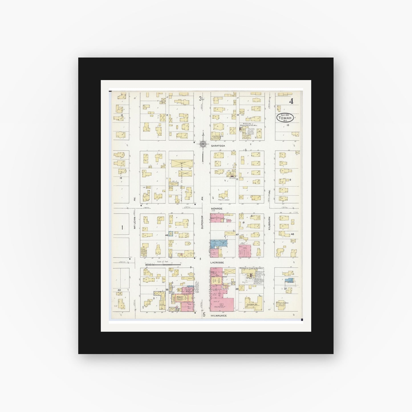 Old map wall art mockup — black gallery frame with white mat — Sanborn Fire Insurance Map from Tomah, Monroe County, Wisconsin (1912), Sheet #0004