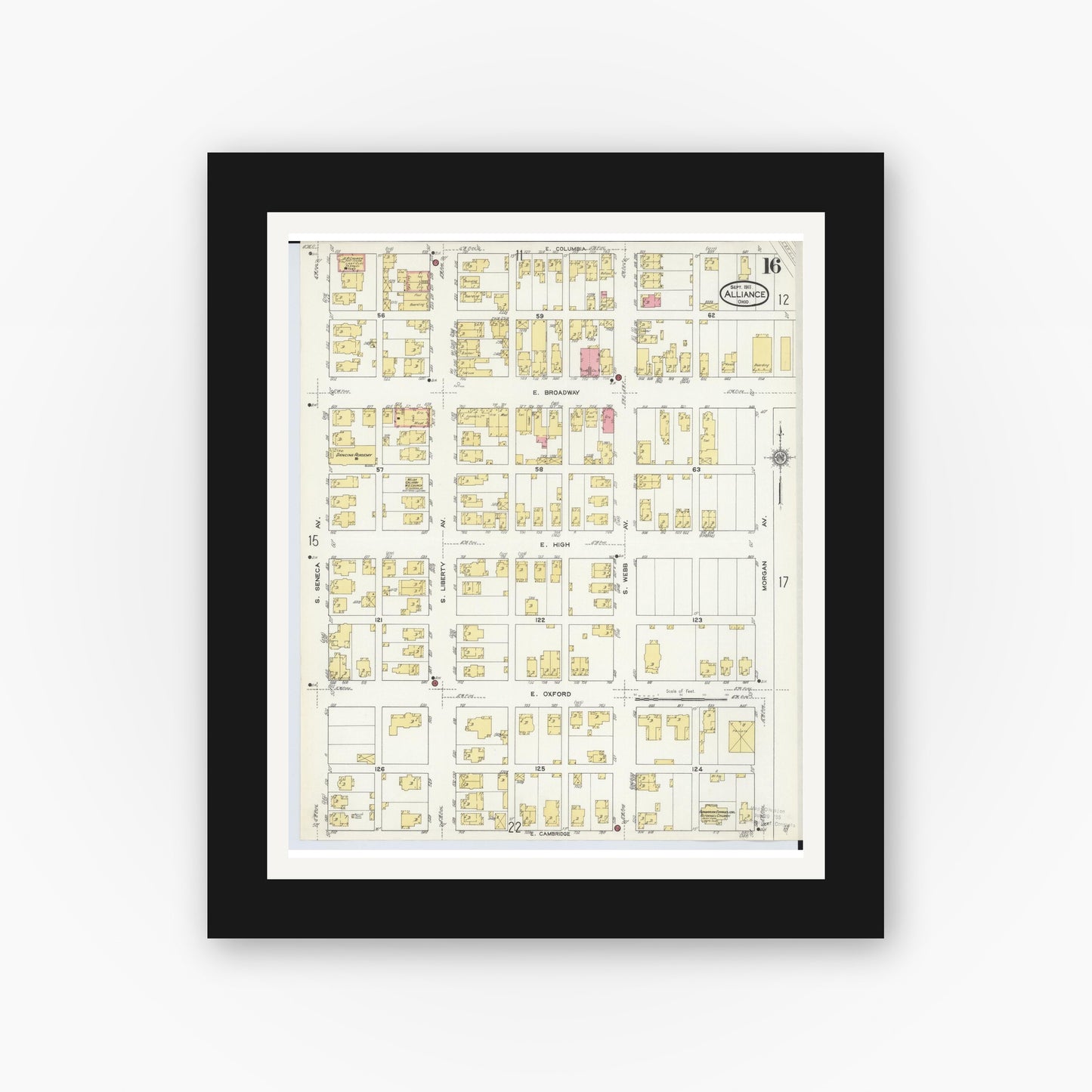 Old map wall art mockup — black gallery frame with white mat — Sanborn Fire Insurance Map from Alliance, Stark County, Ohio (1911), Sheet #0016