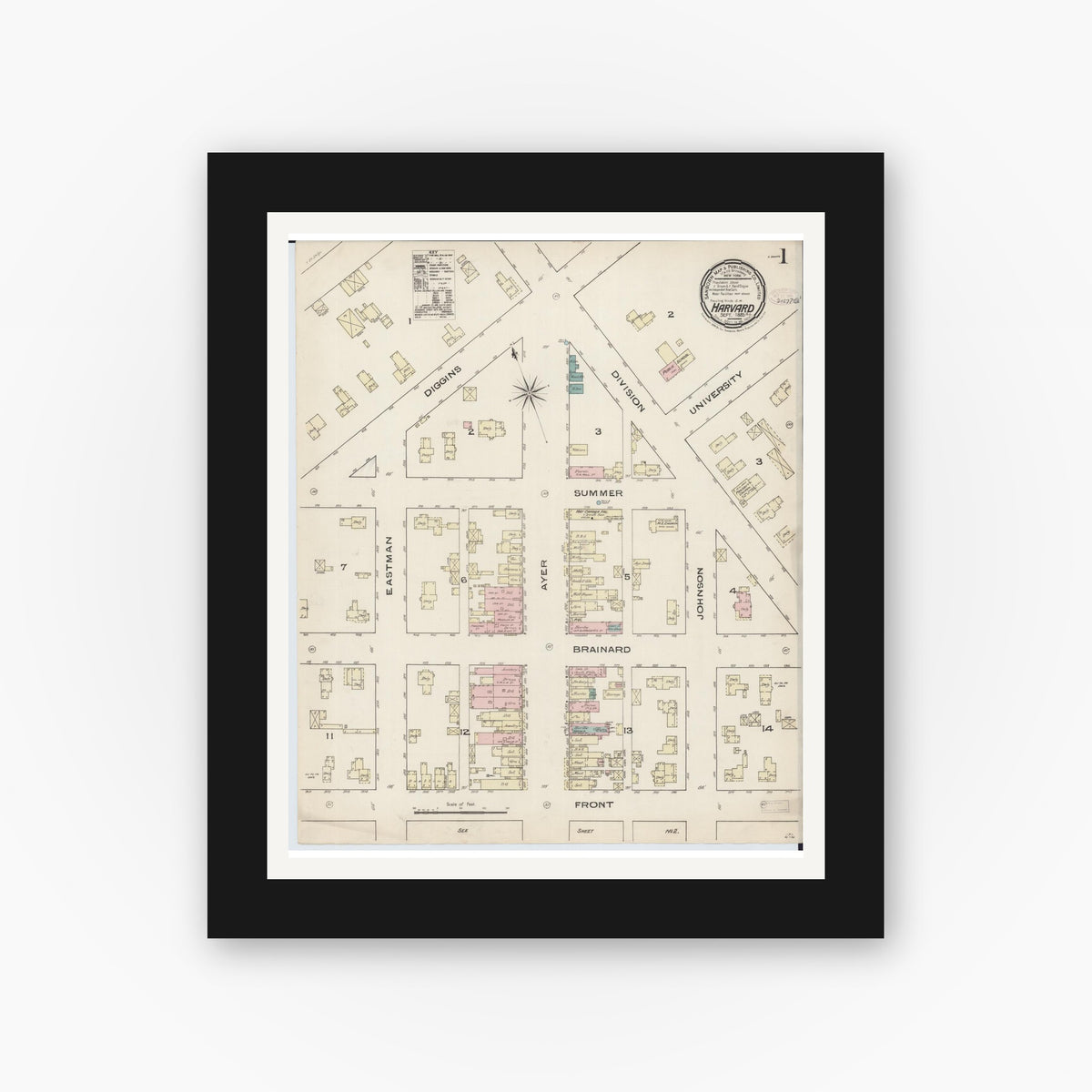 Old map wall art mockup — black gallery frame with white mat — Sanborn Fire Insurance Map from Harvard, McHenry County, Illinois (1885) - Complete Map Set