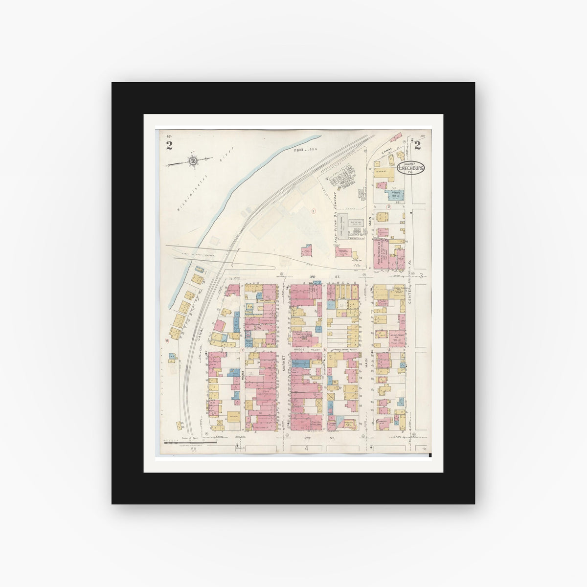 Old map wall art mockup — black gallery frame with white mat — Sanborn Fire Insurance Map from Leechburg, Armstrong County, Pennsylvania (1943), Sheet #0002