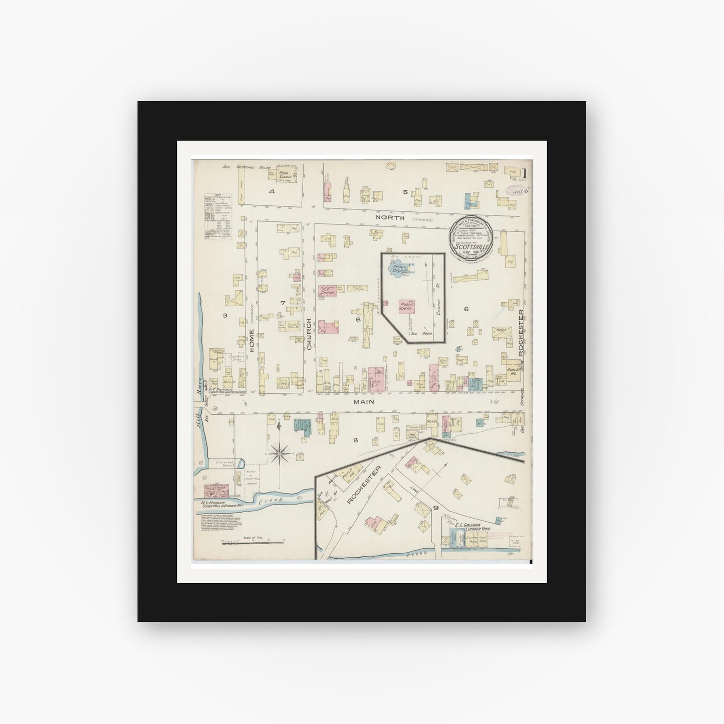 Old map wall art mockup — black gallery frame with white mat — Sanborn Fire Insurance Map from Scottsville, Monroe County, New York (1885), Sheet #0001