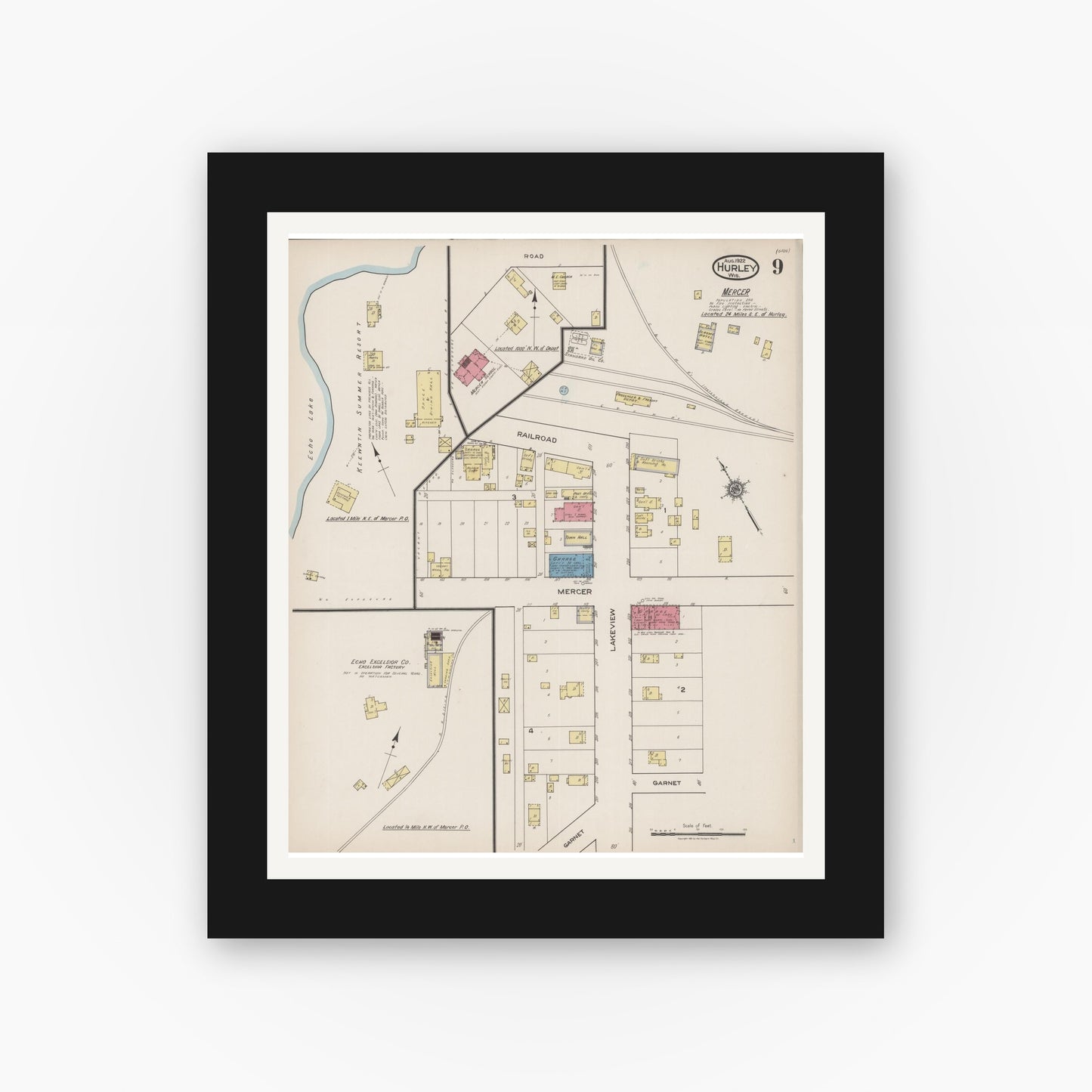 Old map wall art mockup — black gallery frame with white mat — Sanborn Fire Insurance Map from Hurley, Iron County, Wisconsin (1922), Sheet #0009