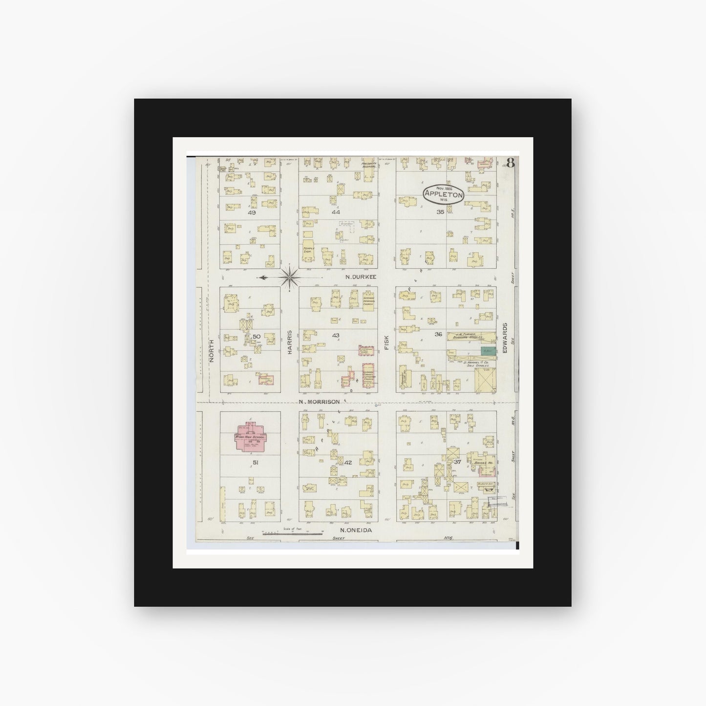 Old map wall art mockup — black gallery frame with white mat — Sanborn Fire Insurance Map from Appleton, Outagamie County, Wisconsin (1886), Sheet #0008
