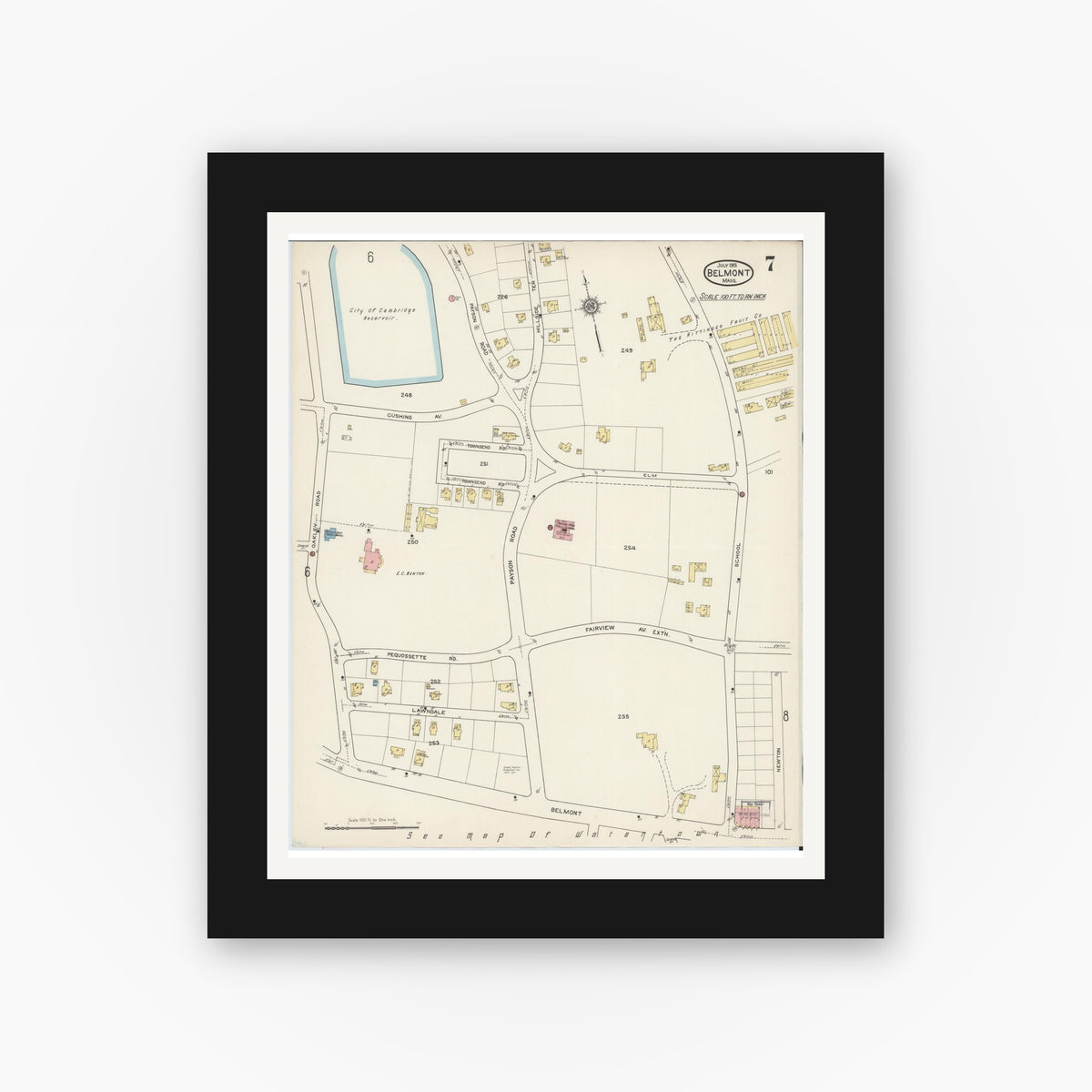 Old map wall art mockup — black gallery frame with white mat — Sanborn Fire Insurance Map from Belmont, Middlesex County, Massachusetts (1915), Sheet #0007