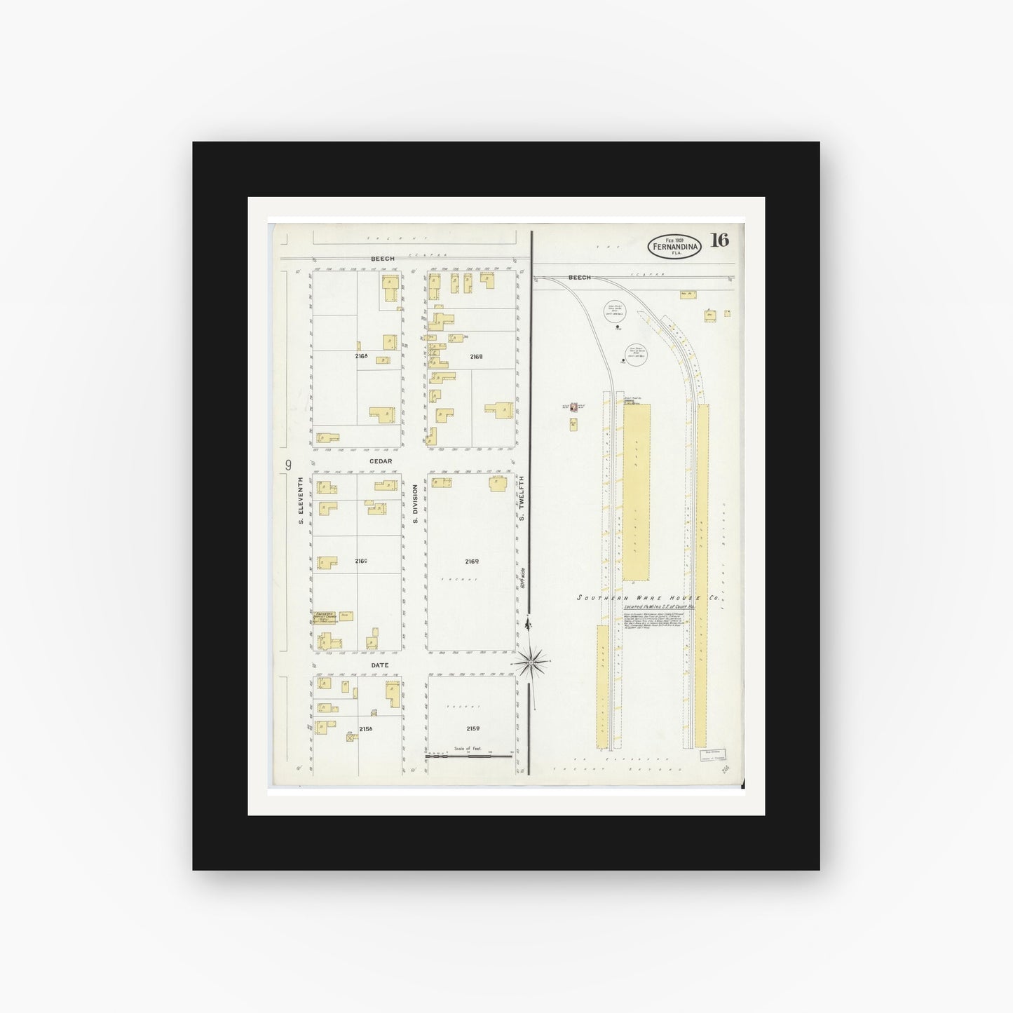 Old map wall art mockup — black gallery frame with white mat — Sanborn Fire Insurance Map from Fernandina, Nassau County, Florida (1909), Sheet #0016