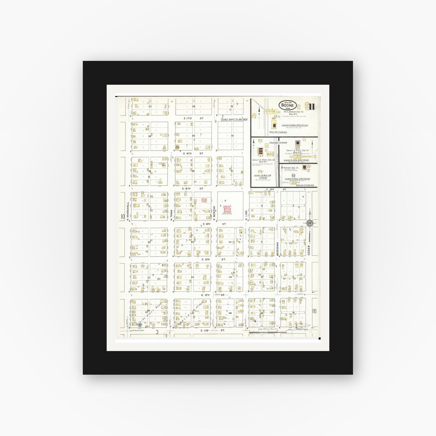 Old map wall art mockup — black gallery frame with white mat — Sanborn Fire Insurance Map from Boone, Boone County, Iowa (1916), Sheet #0011