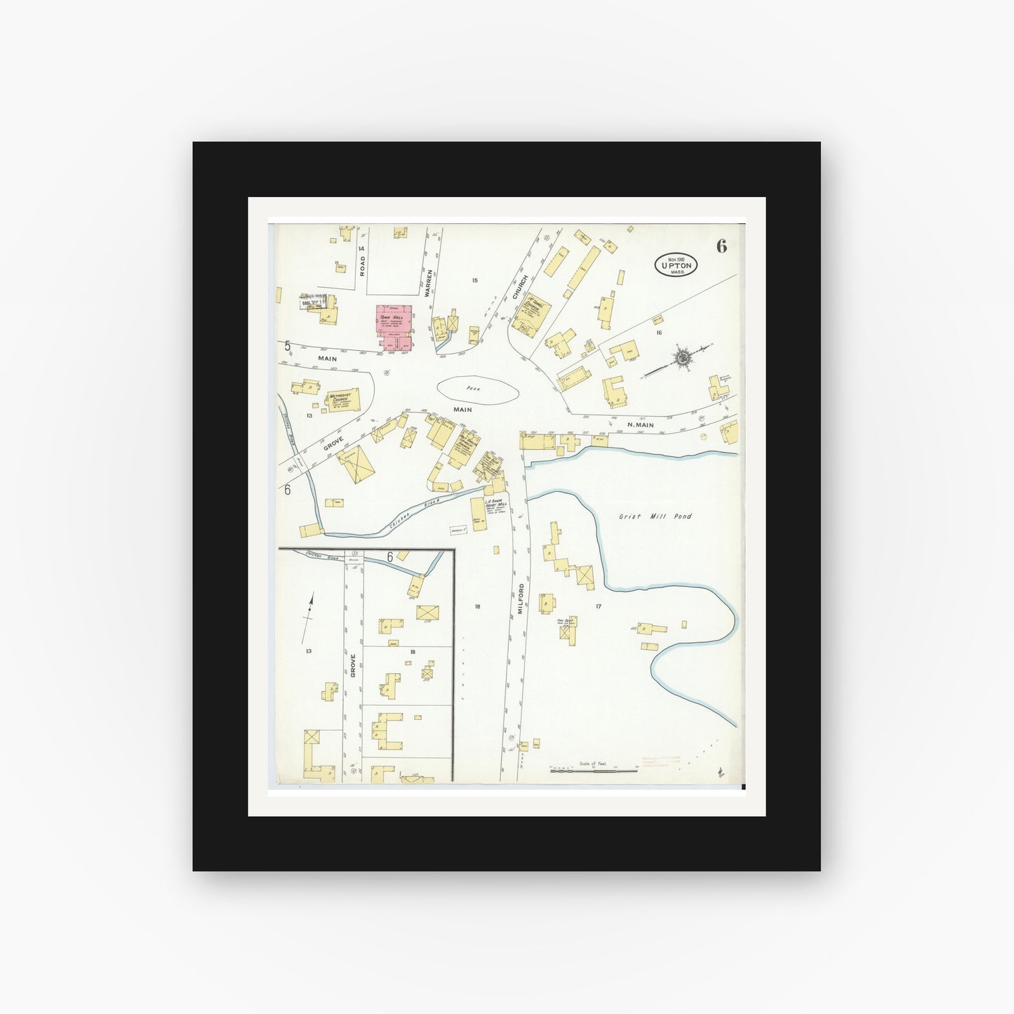Old map wall art mockup — black gallery frame with white mat — Sanborn Fire Insurance Map from Upton, Worcester County, Massachusetts (1910), Sheet #0006