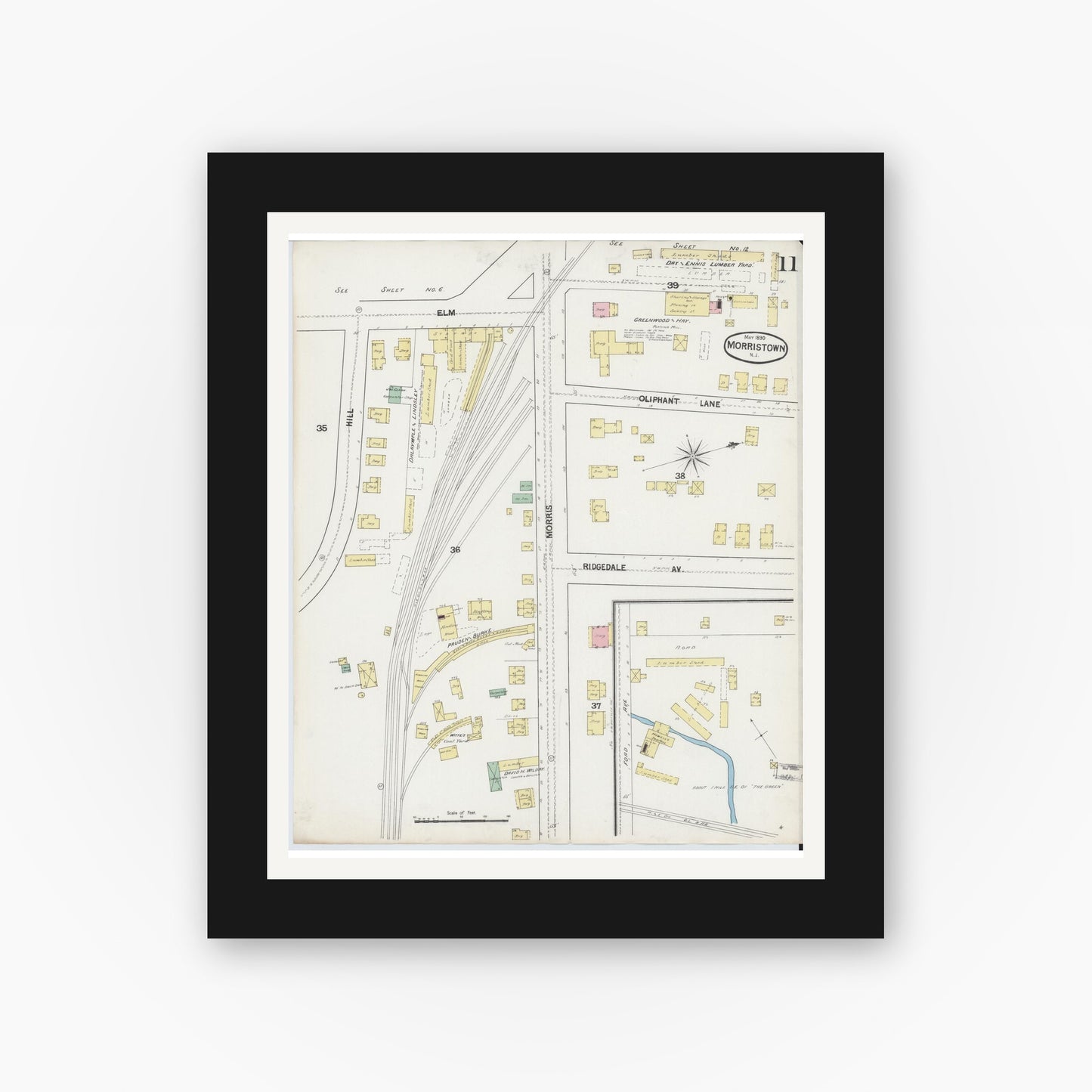 Old map wall art mockup — black gallery frame with white mat — Sanborn Fire Insurance Map from Morristown, Morris County, New Jersey (1890), Sheet #0011