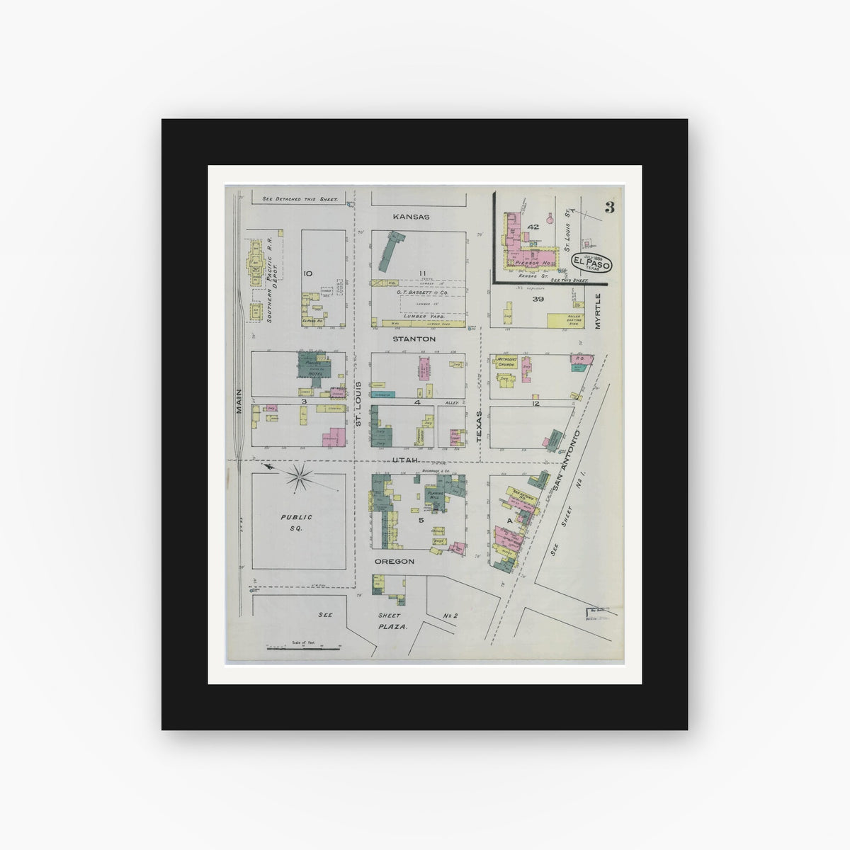 Old map wall art mockup — black gallery frame with white mat — Sanborn Fire Insurance Map from El Paso, El Paso County, Texas (1885), Sheet #0003