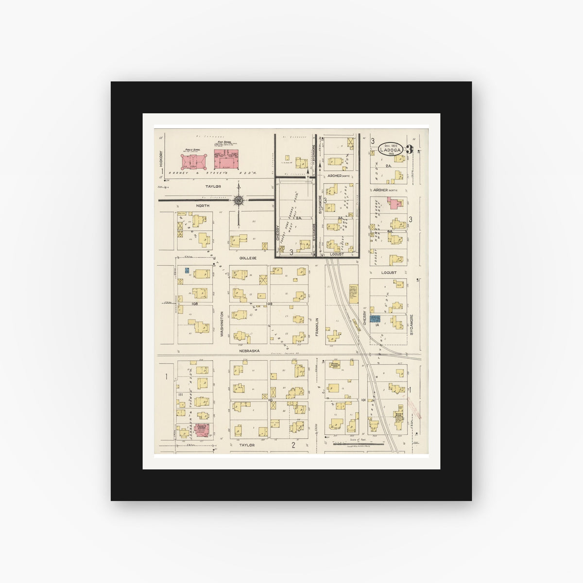 Old map wall art mockup — black gallery frame with white mat — Sanborn Fire Insurance Map from Ladoga, Montgomery County, Indiana (1922), Sheet #0003