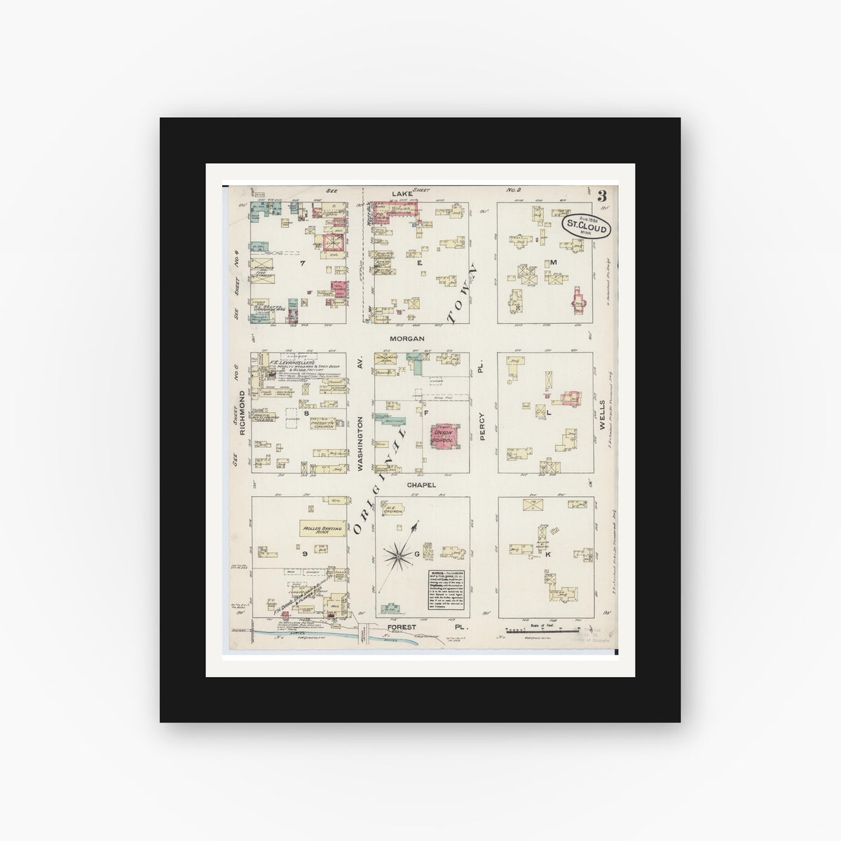 Old map wall art mockup — black gallery frame with white mat — Sanborn Fire Insurance Map from Saint Cloud, Stearns, Benton, and Sherburne Counties, Minnesota (1884), Sheet #0003