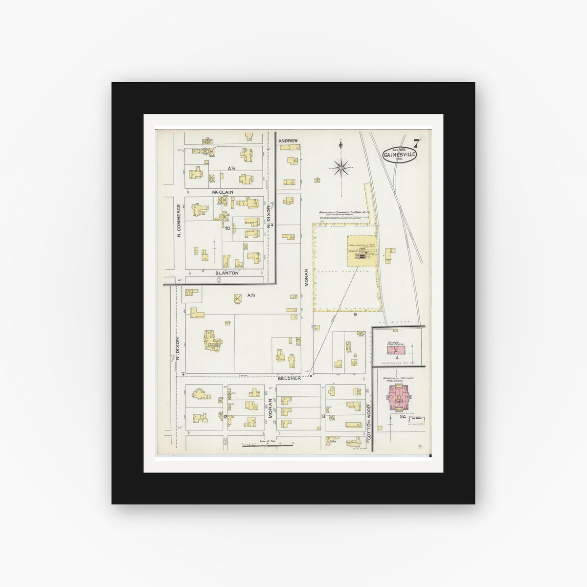 Old map wall art mockup — black gallery frame with white mat — Sanborn Fire Insurance Map from Gainesville, Cooke County, Texas (1892), Sheet #0007
