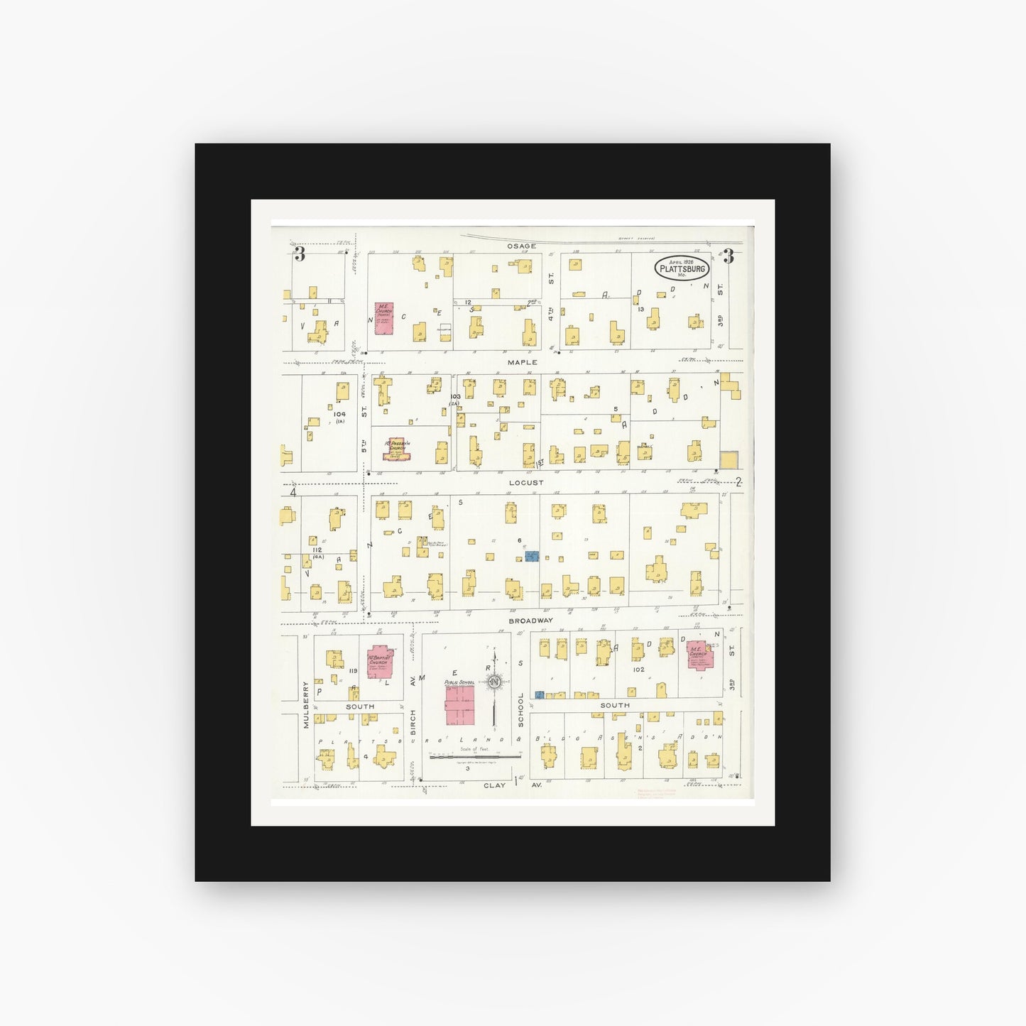 Old map wall art mockup — black gallery frame with white mat — Sanborn Fire Insurance Map from Plattsburg, Clinton County, Missouri (1926), Sheet #0003