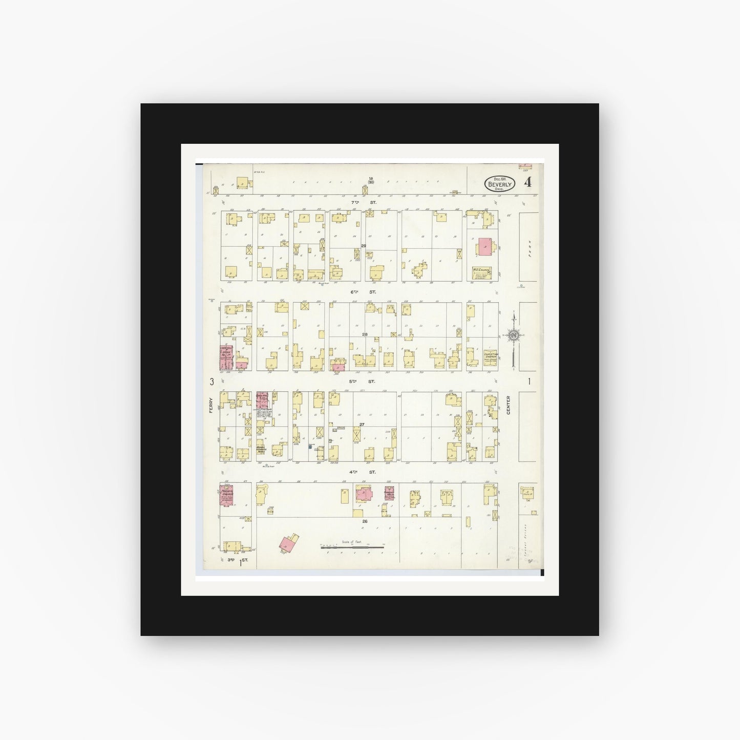 Old map wall art mockup — black gallery frame with white mat — Sanborn Fire Insurance Map from Beverly, Washington County, Ohio (1911), Sheet #0004