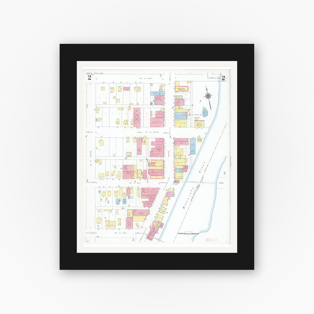 Old map wall art mockup — black gallery frame with white mat — Sanborn Fire Insurance Map from Granite Falls, Yellow Medicine And Chippewa Counties, Minnesota (1949), Sheet #0002