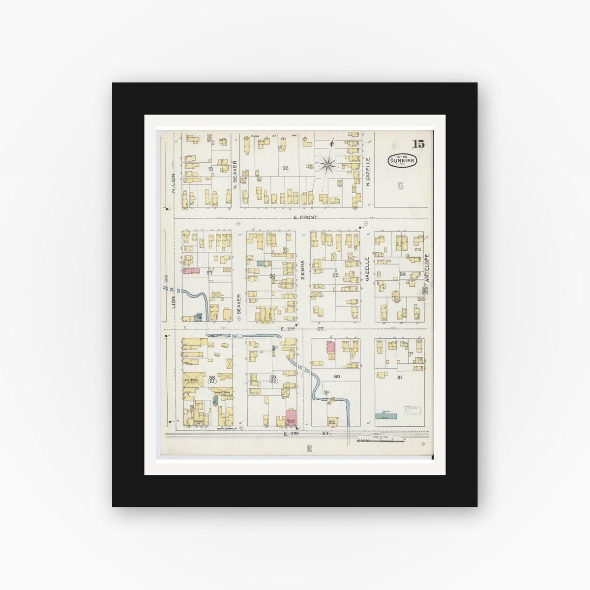 Old map wall art mockup — black gallery frame with white mat — Sanborn Fire Insurance Map from Dunkirk, Chautauqua County, New York (1893), Sheet #0015
