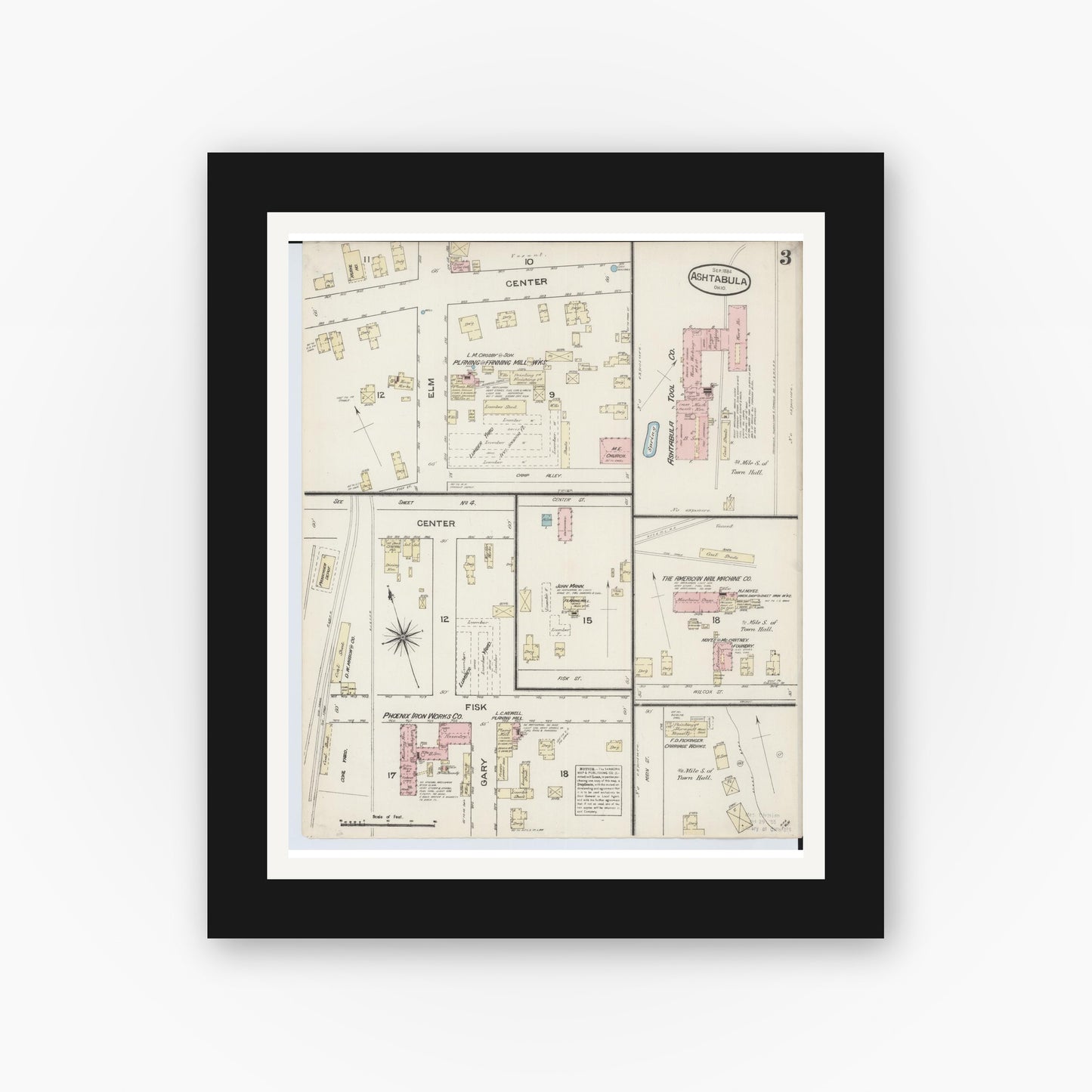 Old map wall art mockup — black gallery frame with white mat — Sanborn Fire Insurance Map from Ashtabula, Ashtabula County, Ohio (1884), Sheet #0003