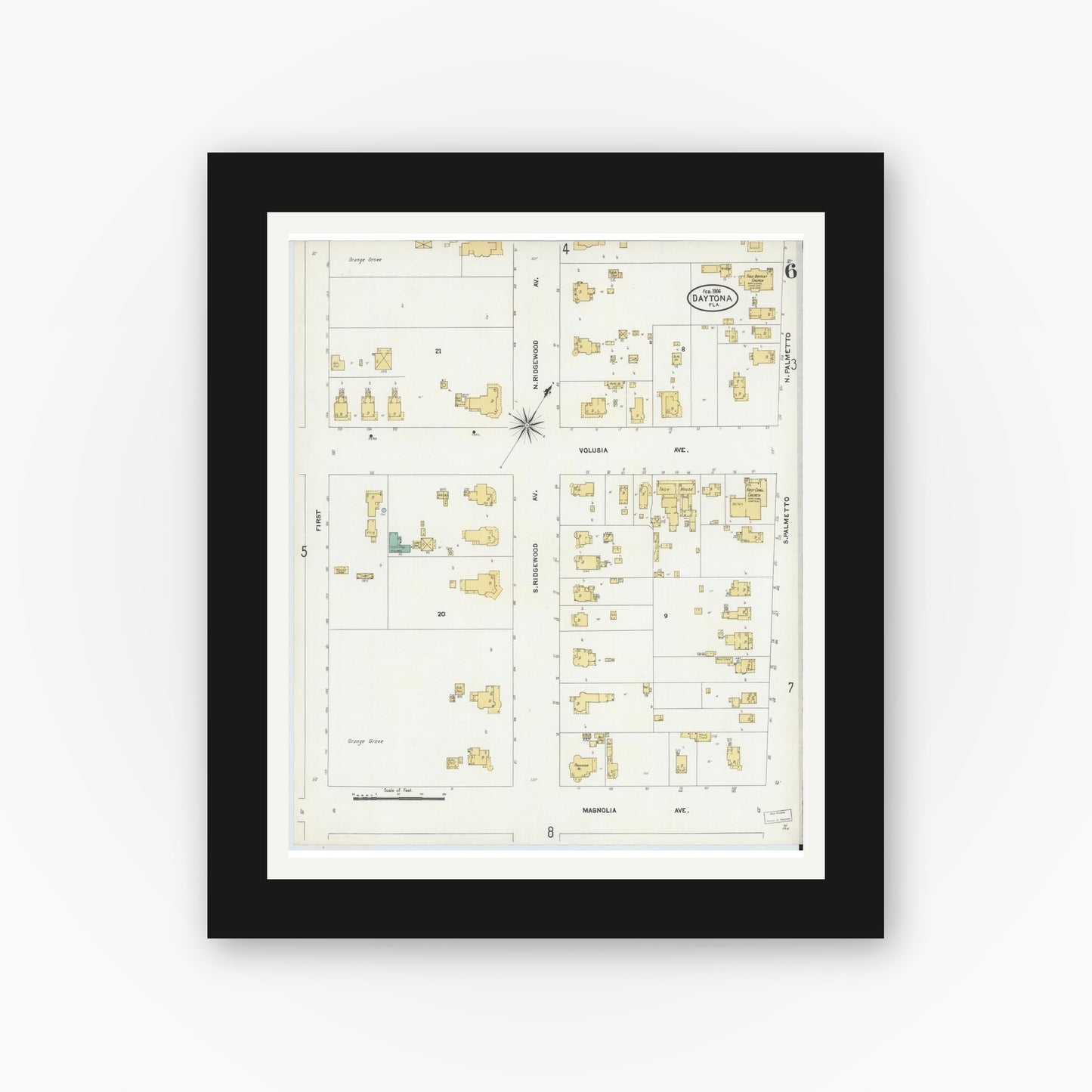 Old map wall art mockup — black gallery frame with white mat — Sanborn Fire Insurance Map from Daytona, Volusia County, Florida (1906), Sheet #0006