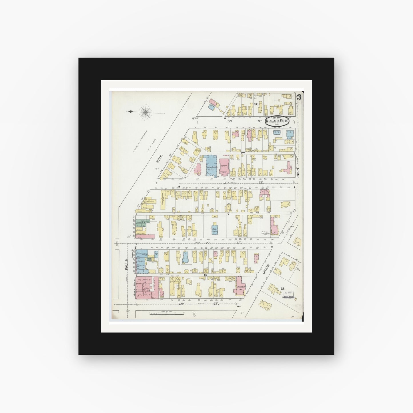 Old map wall art mockup — black gallery frame with white mat — Sanborn Fire Insurance Map from Niagara Falls, Niagara County, New York (1892), Sheet #0003