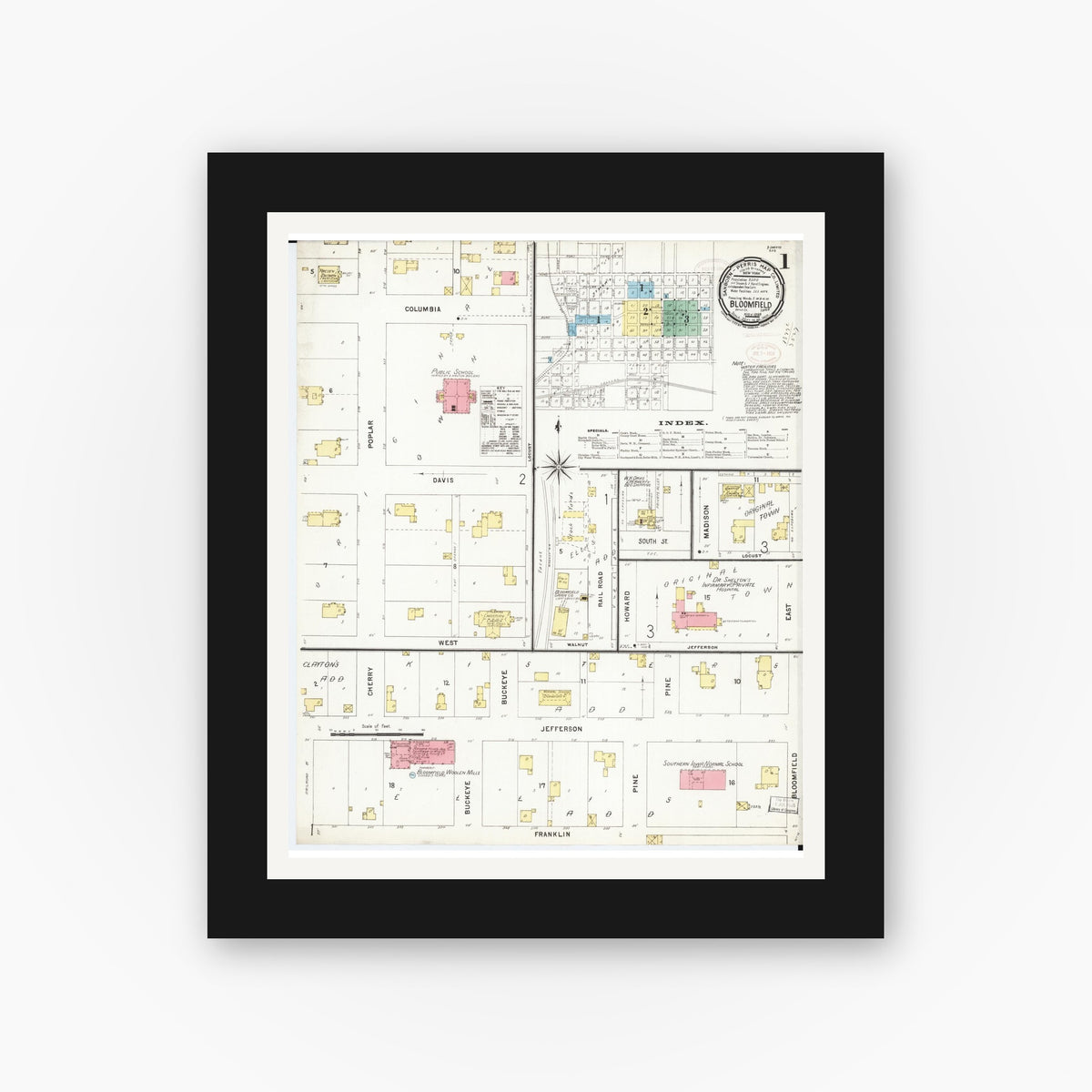 Old map wall art mockup — black gallery frame with white mat — Sanborn Fire Insurance Map from Bloomfield, Davis County, Iowa (1898), Sheet #0001