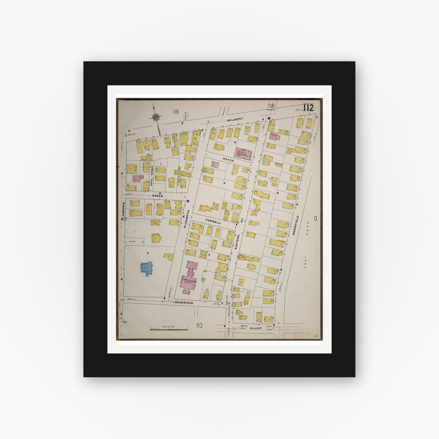 Old map wall art mockup — black gallery frame with white mat — Sanborn Fire Insurance Map from Worcester, Worcester County, Massachusetts (1910), Sheet #0112
