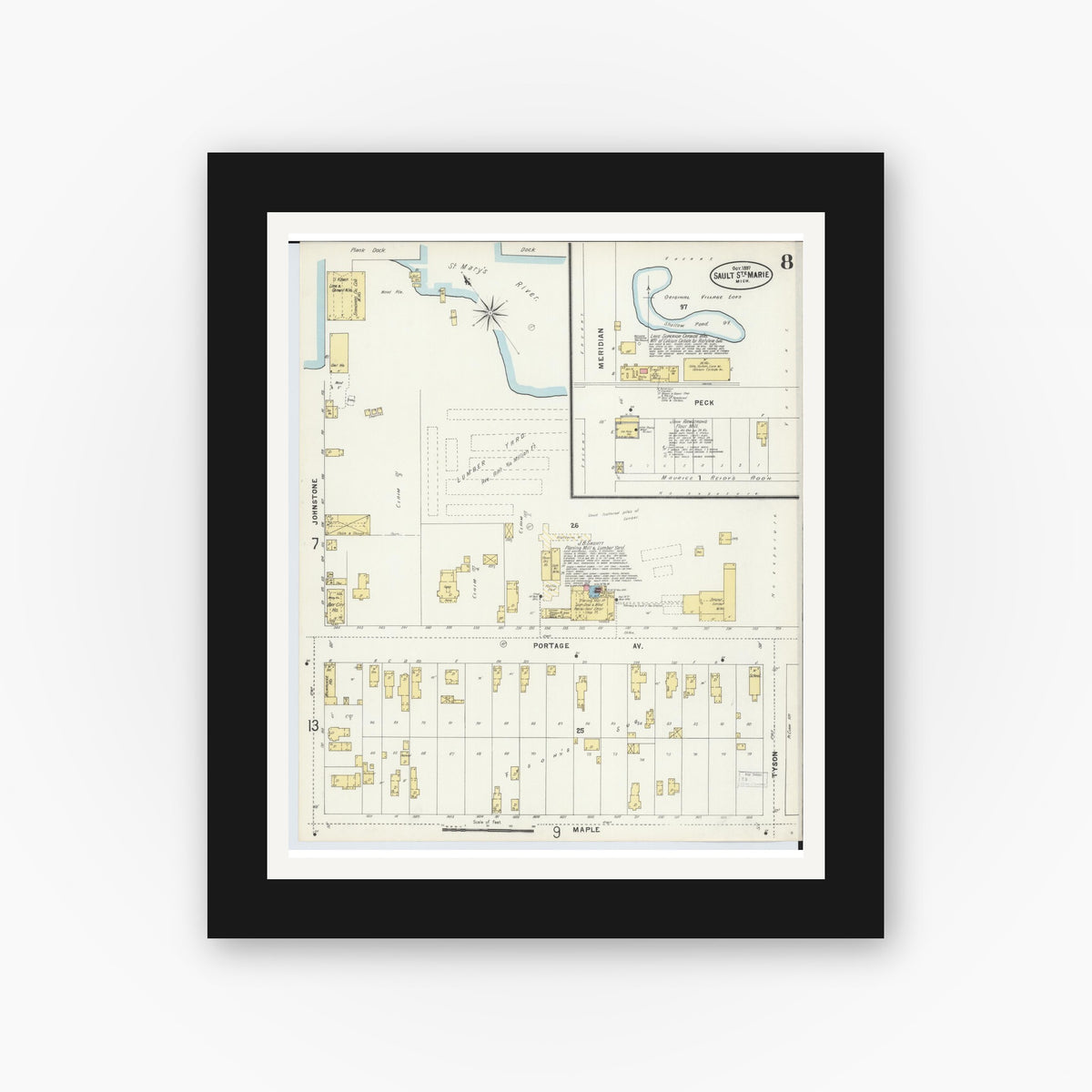 Old map wall art mockup — black gallery frame with white mat — Sanborn Fire Insurance Map from Sault Sainte Marie, Chippewa County, Michigan (1897), Sheet #0008