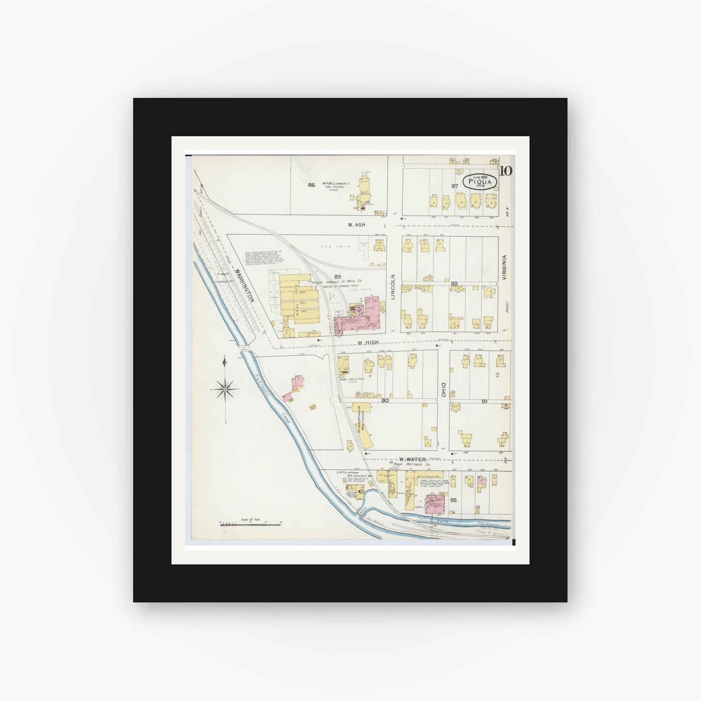 Old map wall art mockup — black gallery frame with white mat — Sanborn Fire Insurance Map from Piqua, Miami County, Ohio (1892), Sheet #0010