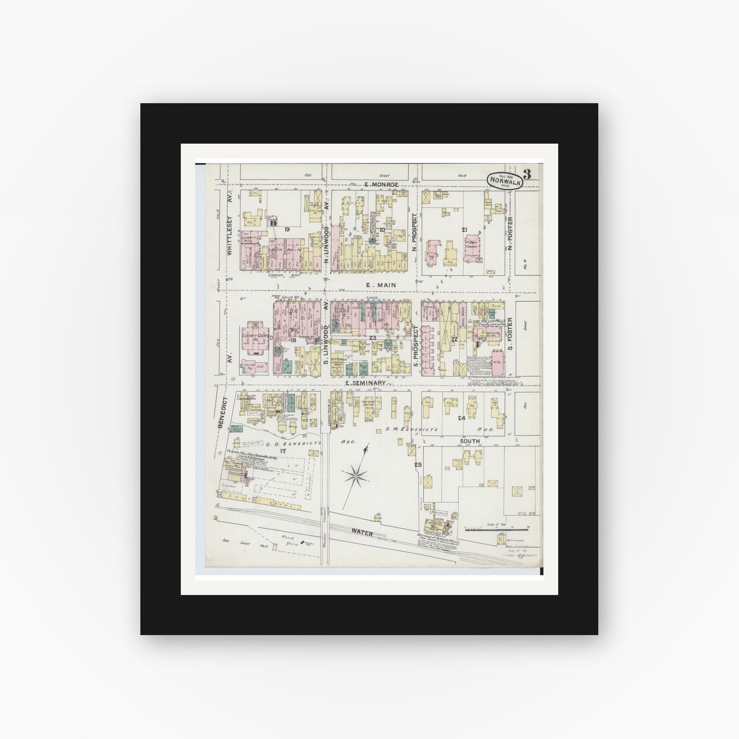 Old map wall art mockup — black gallery frame with white mat — Sanborn Fire Insurance Map from Norwalk, Huron County, Ohio (1888), Sheet #0003