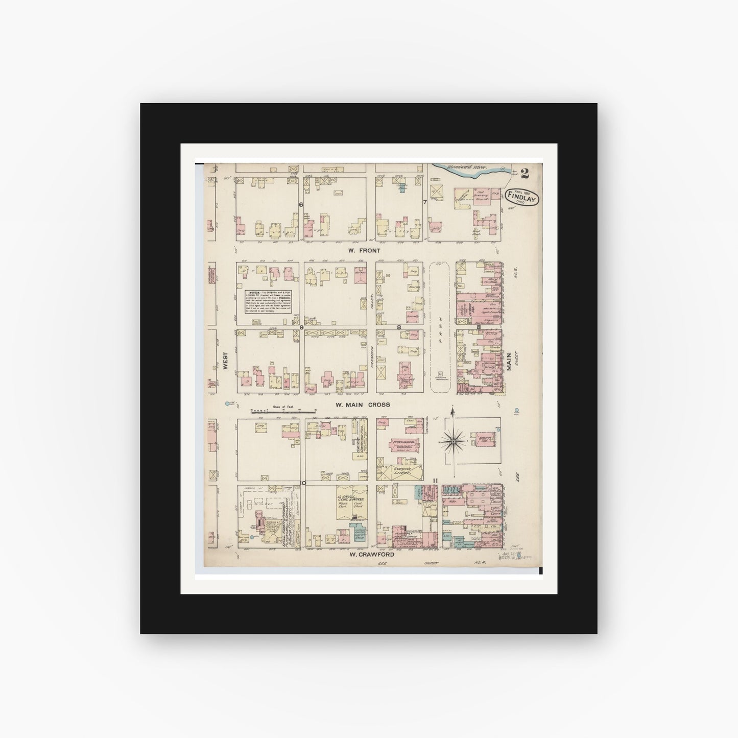 Old map wall art mockup — black gallery frame with white mat — Sanborn Fire Insurance Map from Findlay, Hancock County, Ohio (1884), Sheet #0002