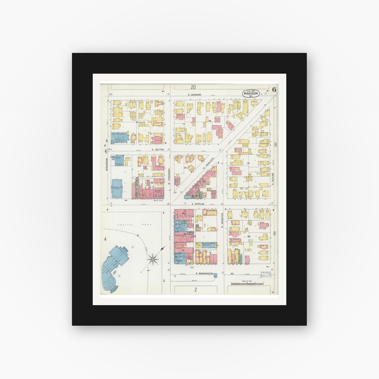 Old map wall art mockup — black gallery frame with white mat — Sanborn Fire Insurance Map from Madison, Dane County, Wisconsin (1902), Sheet #0006
