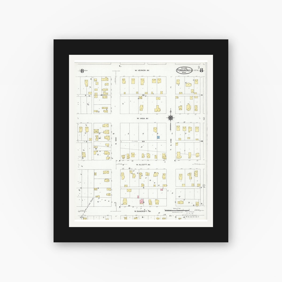 Old map wall art mockup — black gallery frame with white mat — Sanborn Fire Insurance Map from Fergus Falls, Otter Tail County, Minnesota (1924), Sheet #0008