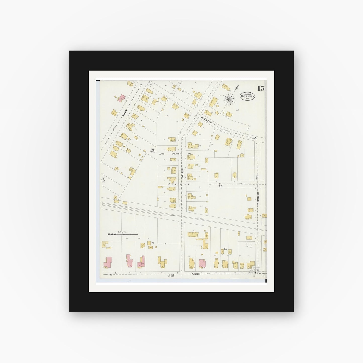Old map wall art mockup — black gallery frame with white mat — Sanborn Fire Insurance Map from Norwalk, Huron County, Ohio (1906), Sheet #0015