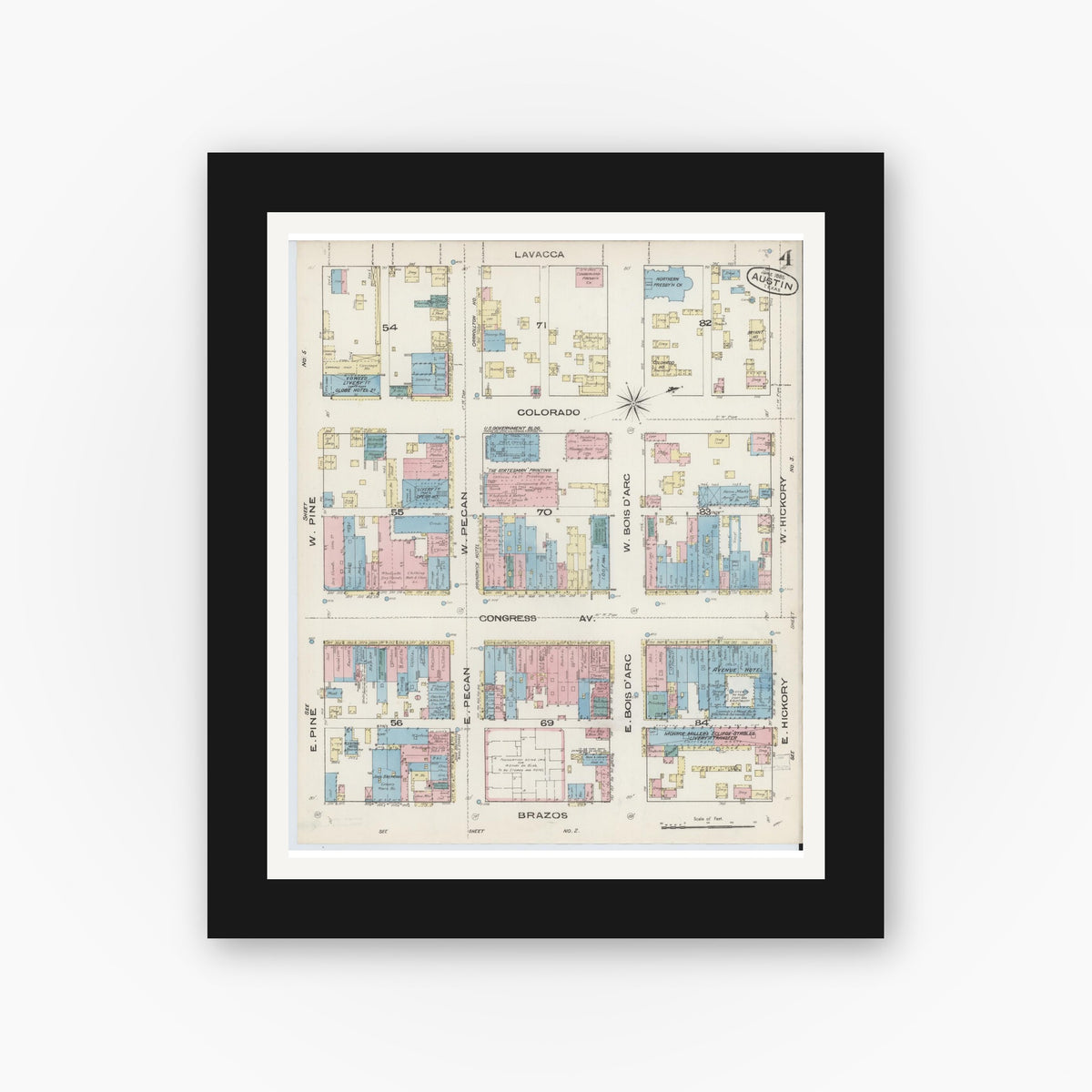 Old map wall art mockup — black gallery frame with white mat — Sanborn Fire Insurance Map from Austin, Travis County, Texas (1885), Sheet #0004