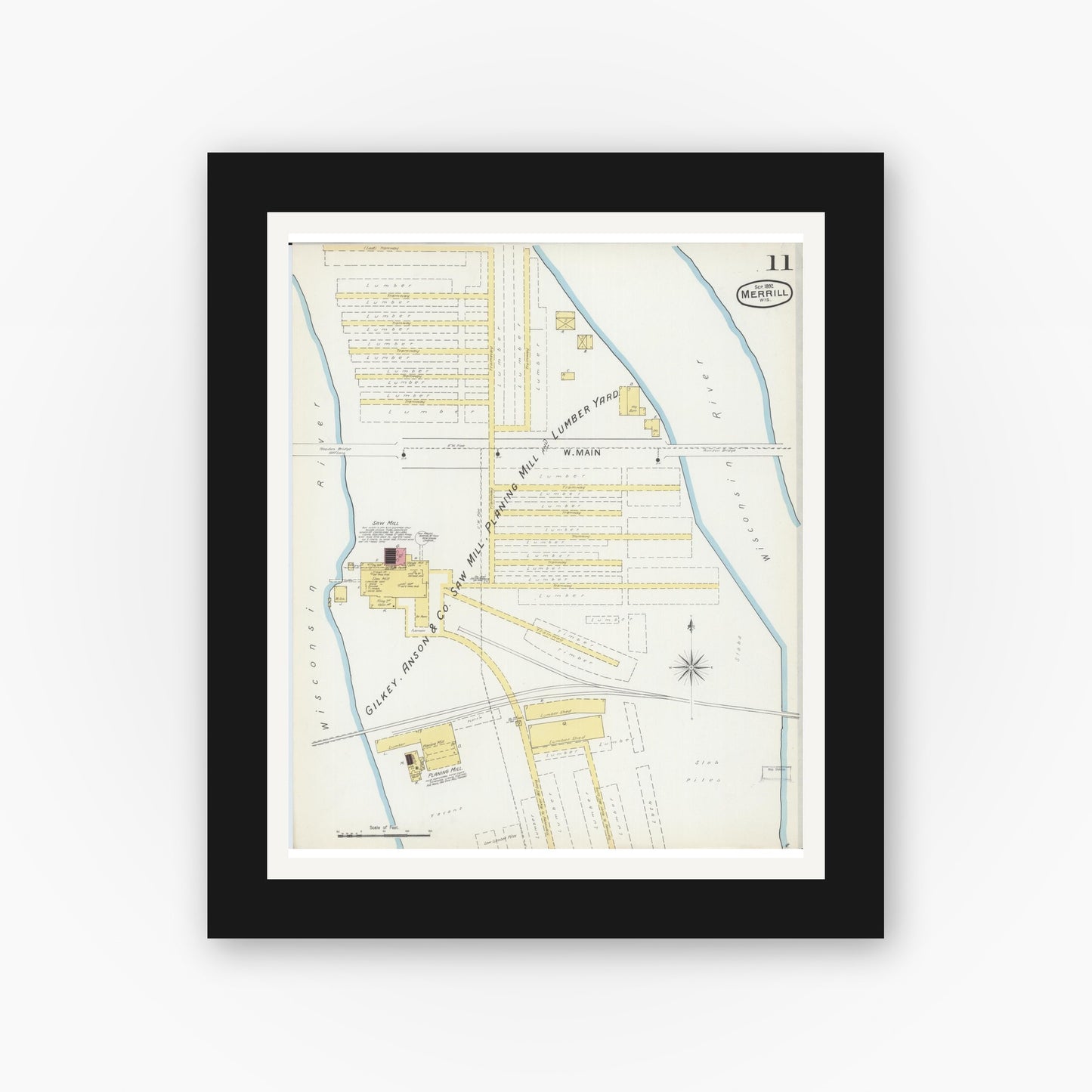 Old map wall art mockup — black gallery frame with white mat — Sanborn Fire Insurance Map from Merrill, Lincoln County, Wisconsin (1892), Sheet #0011