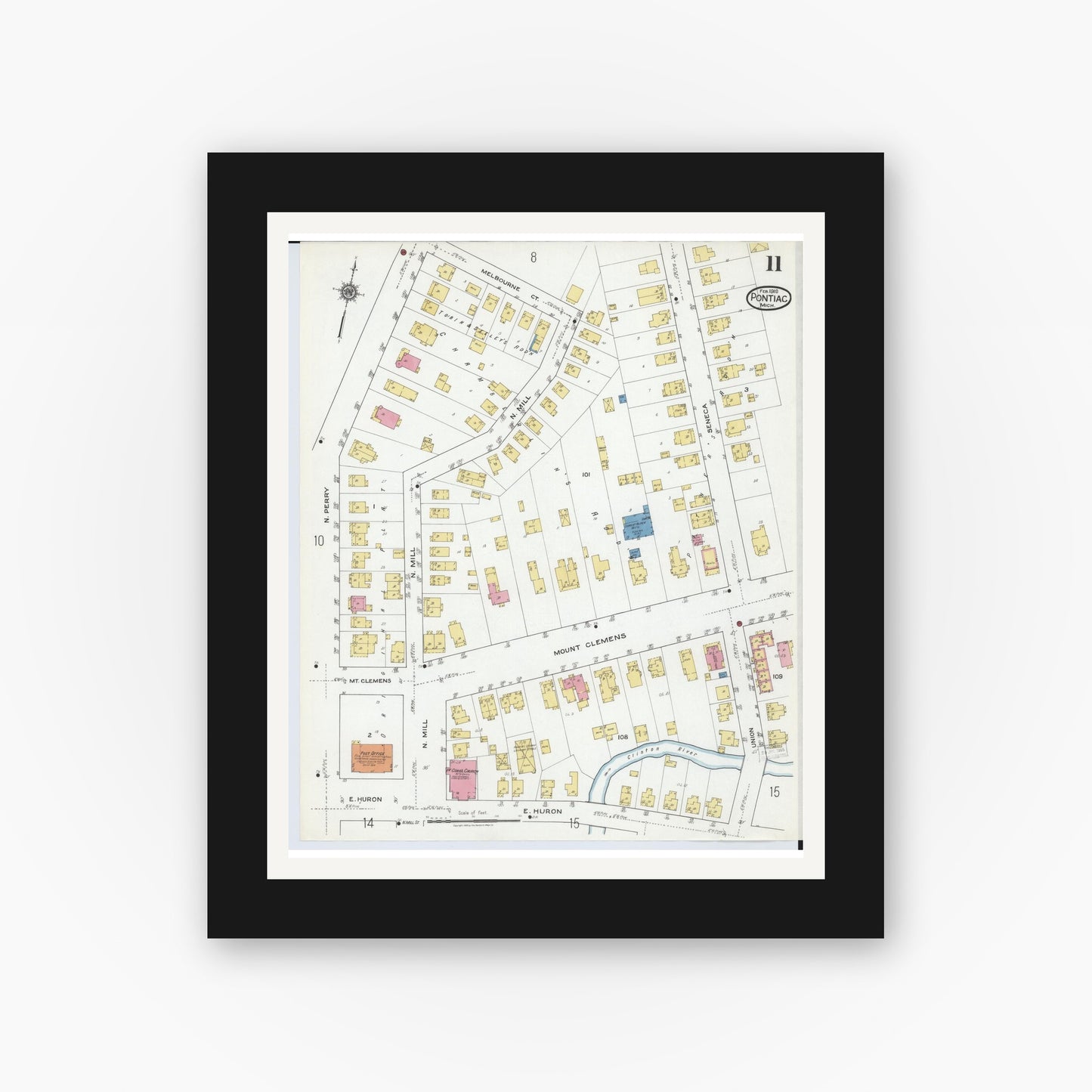 Old map wall art mockup — black gallery frame with white mat — Sanborn Fire Insurance Map from Pontiac, Oakland County, Michigan (1919), Sheet #0011