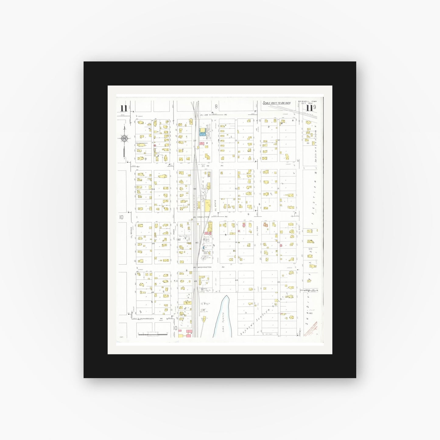 Old map wall art mockup β black gallery frame with white mat β Sanborn Fire Insurance Map from Grinnell, Poweshiek County, Iowa (1932), Sheet #0011