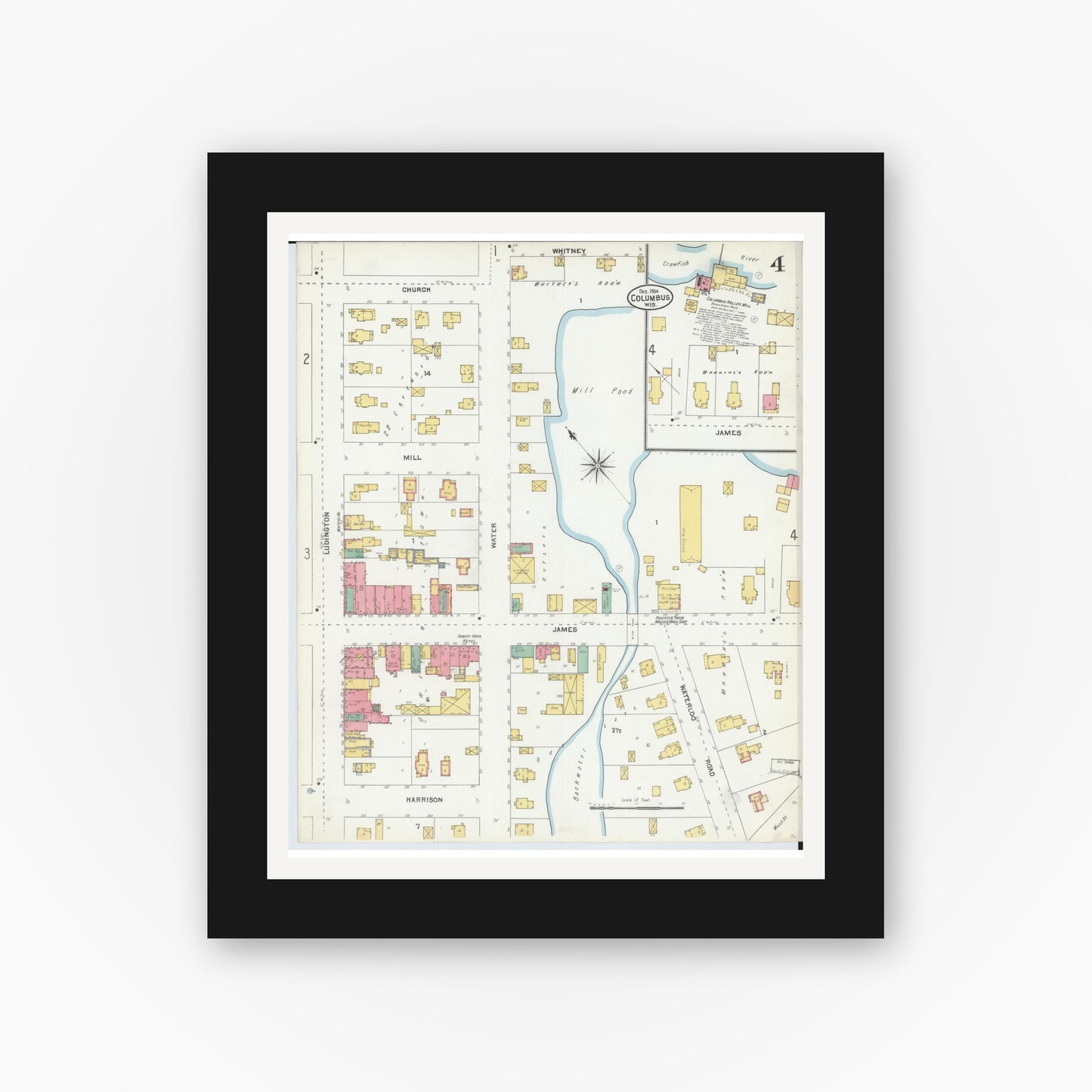 Old map wall art mockup — black gallery frame with white mat — Sanborn Fire Insurance Map from Columbus, Columbia and Dodge County, Wisconsin (1904), Sheet #0004