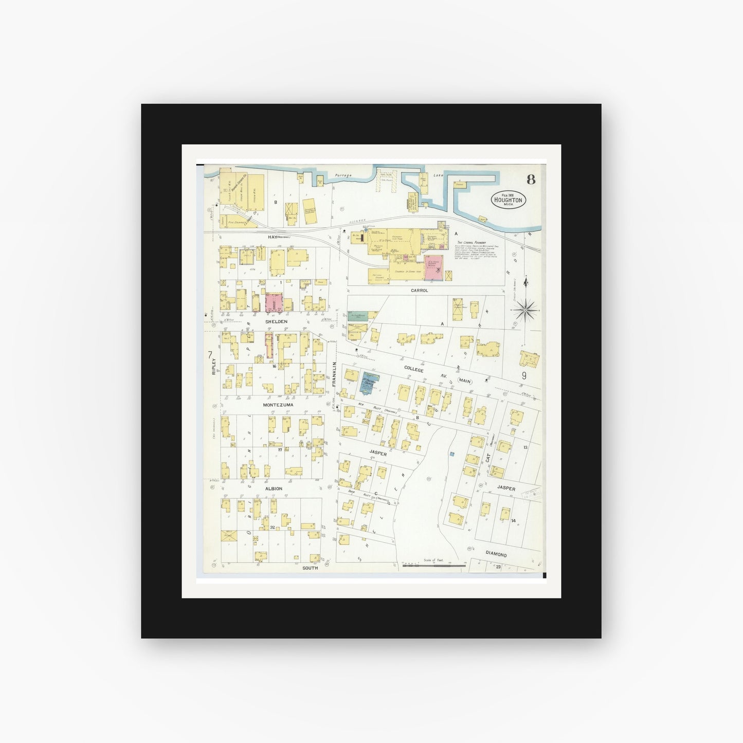 Old map wall art mockup — black gallery frame with white mat — Sanborn Fire Insurance Map from Houghton, Houghton County, Michigan (1908), Sheet #0008