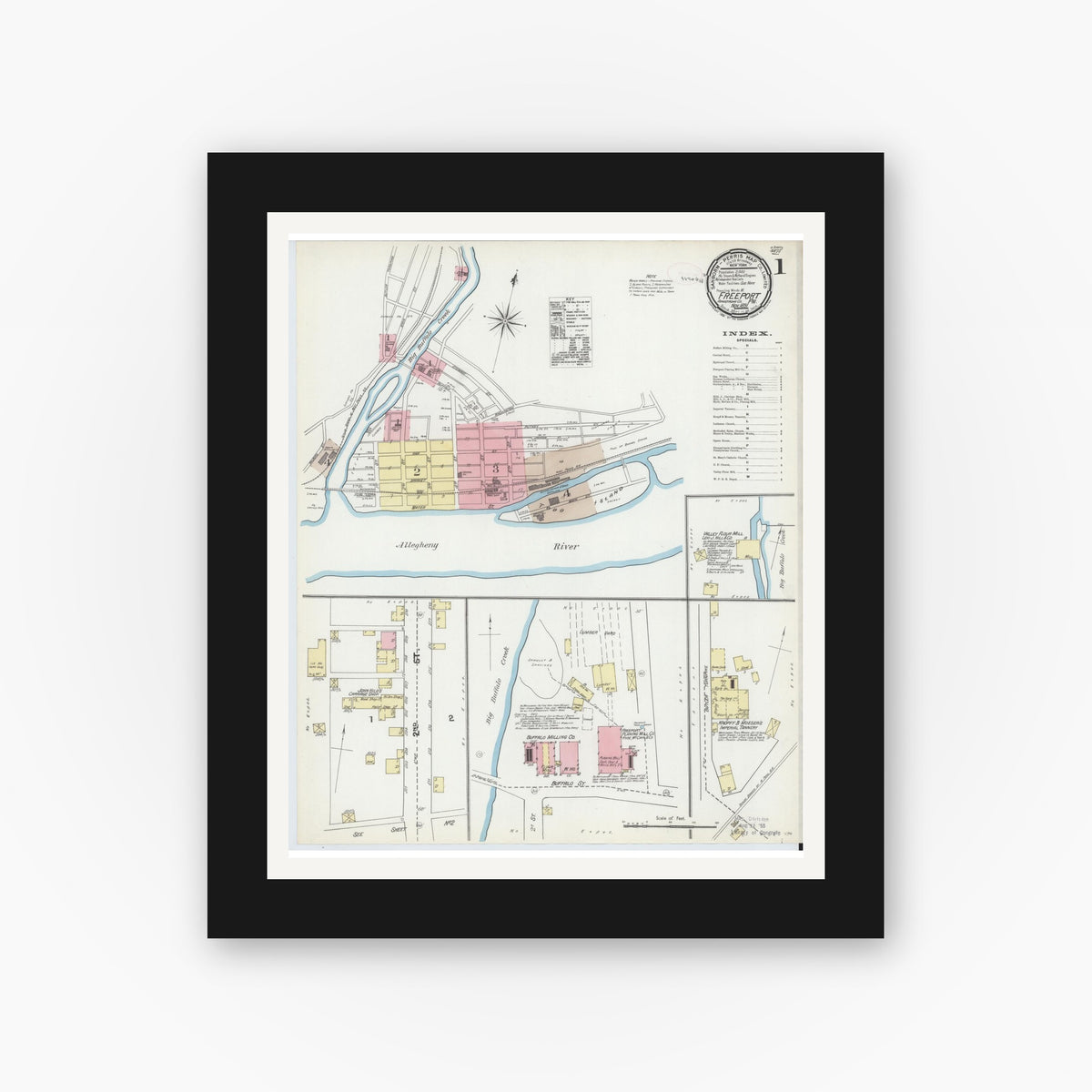 Old map wall art mockup — black gallery frame with white mat — Sanborn Fire Insurance Map from Freeport, Armstrong County, Pennsylvania (1891), Sheet #0001