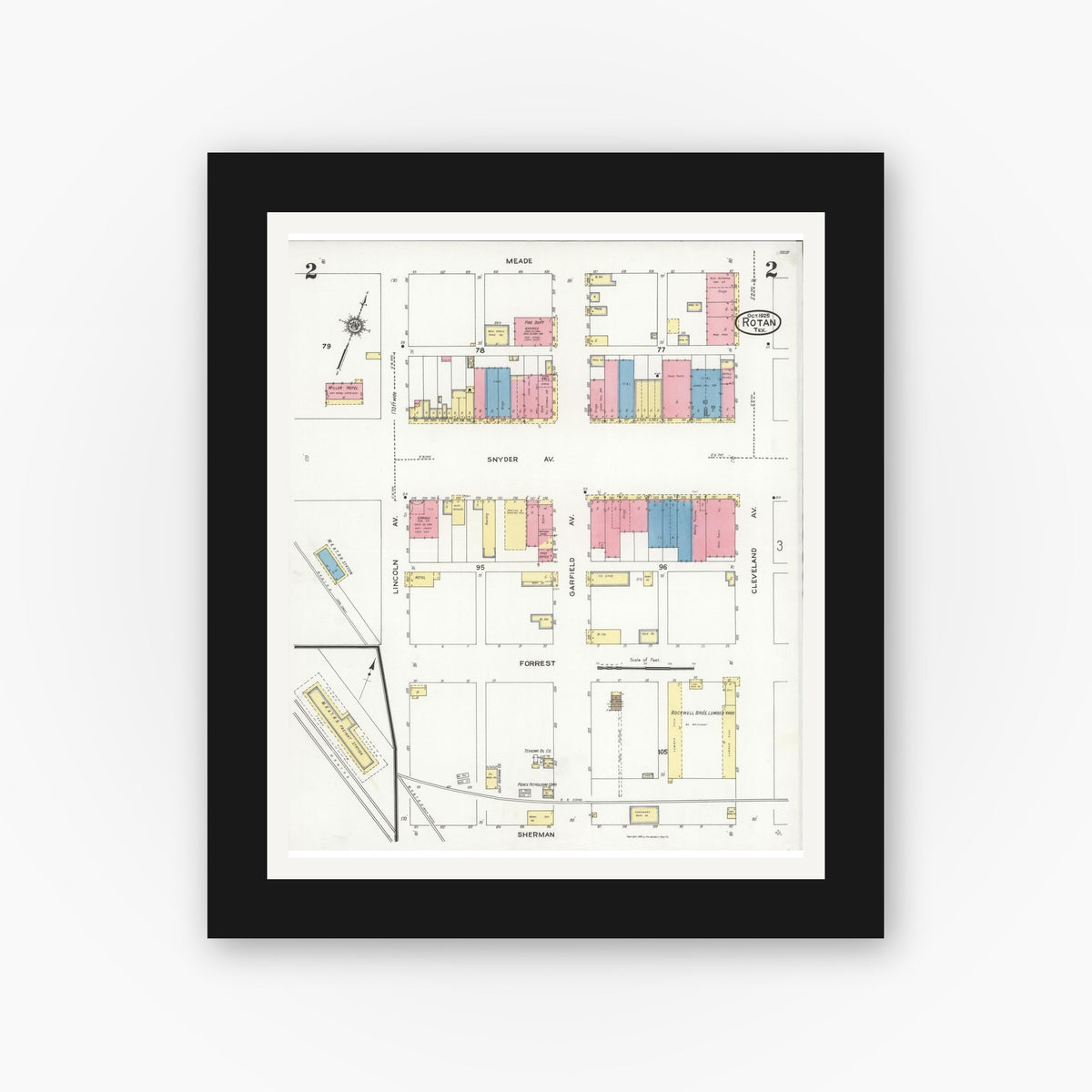 Old map wall art mockup — black gallery frame with white mat — Sanborn Fire Insurance Map from Rotan, Fisher County, Texas (1925), Sheet #0002