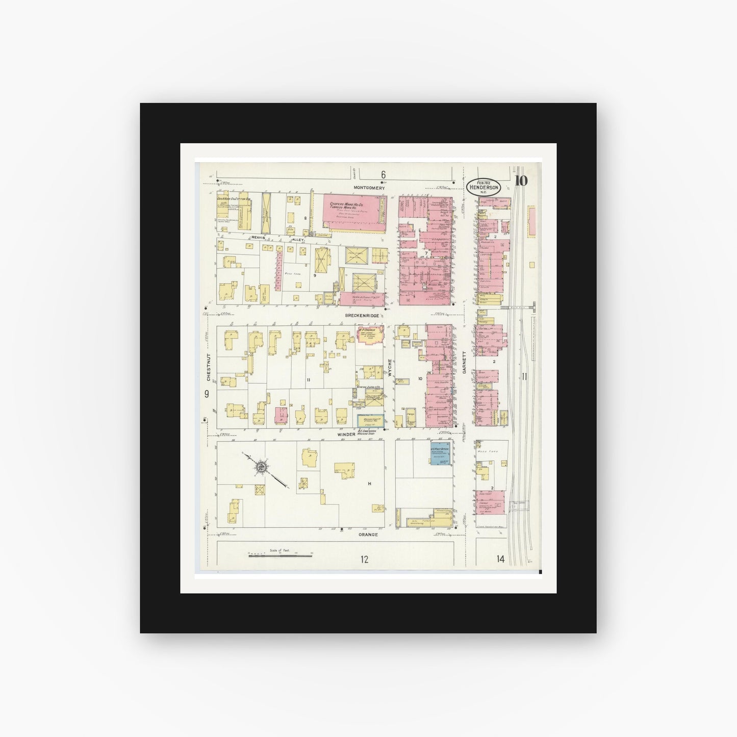 Old map wall art mockup — black gallery frame with white mat — Sanborn Fire Insurance Map from Henderson, Vance County, North Carolina (1912), Sheet #0010
