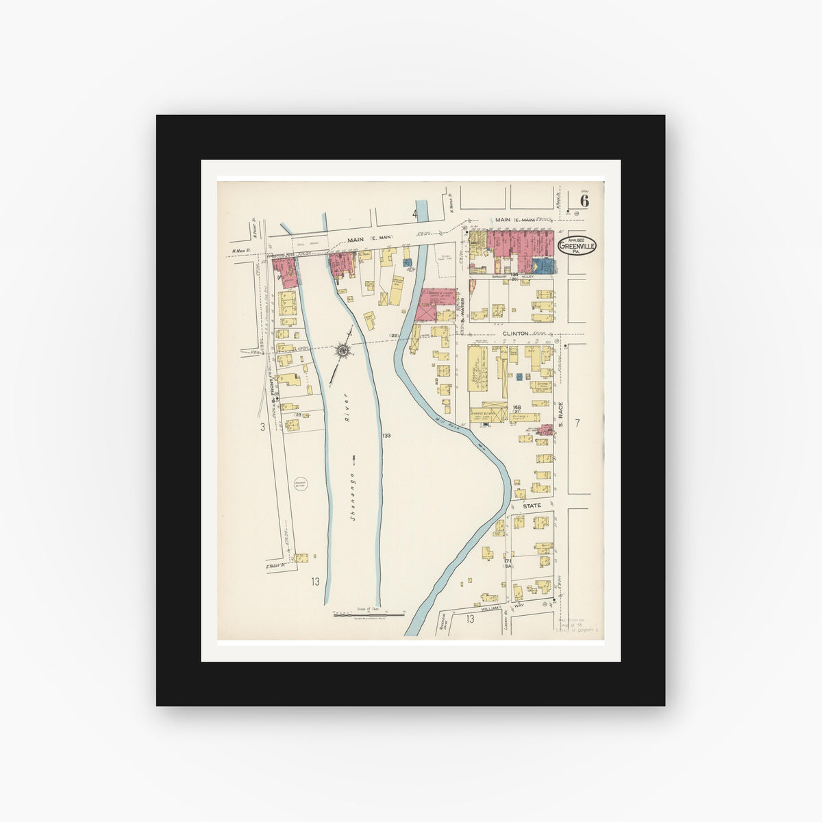 Old map wall art mockup — black gallery frame with white mat — Sanborn Fire Insurance Map from Greenville, Mercer County, Pennsylvania (1922), Sheet #0006